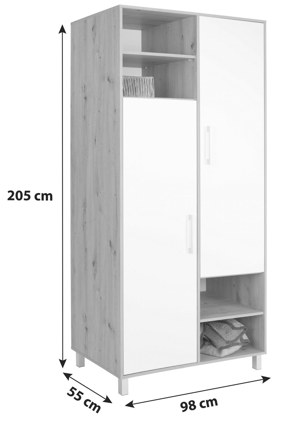 KLEIDERSCHRANK 98/205/55 cm 2-türig Weiß, Eiche Artisan  - Alufarben/Weiß, MODERN, Holzwerkstoff/Kunststoff (98/205/55cm) - Ondega