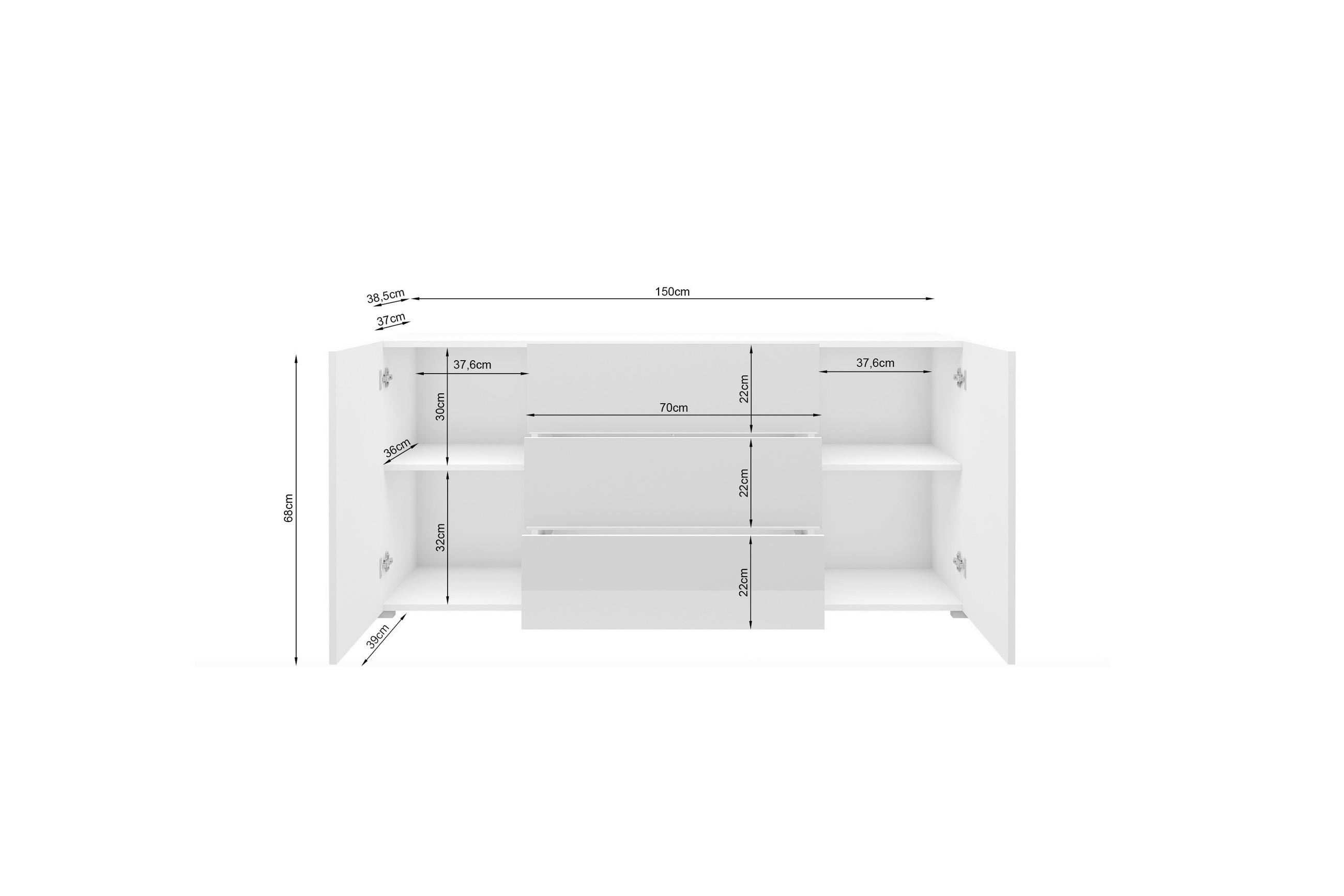 Thumbnail - Mid.you Sideboard Berlin, Weiß, Weiß Hochglanz, Holzwerkstoff, 4 Fächer, 3 Schubladen, 150x68x38.5 cm, Fsc, stehend, spi...
