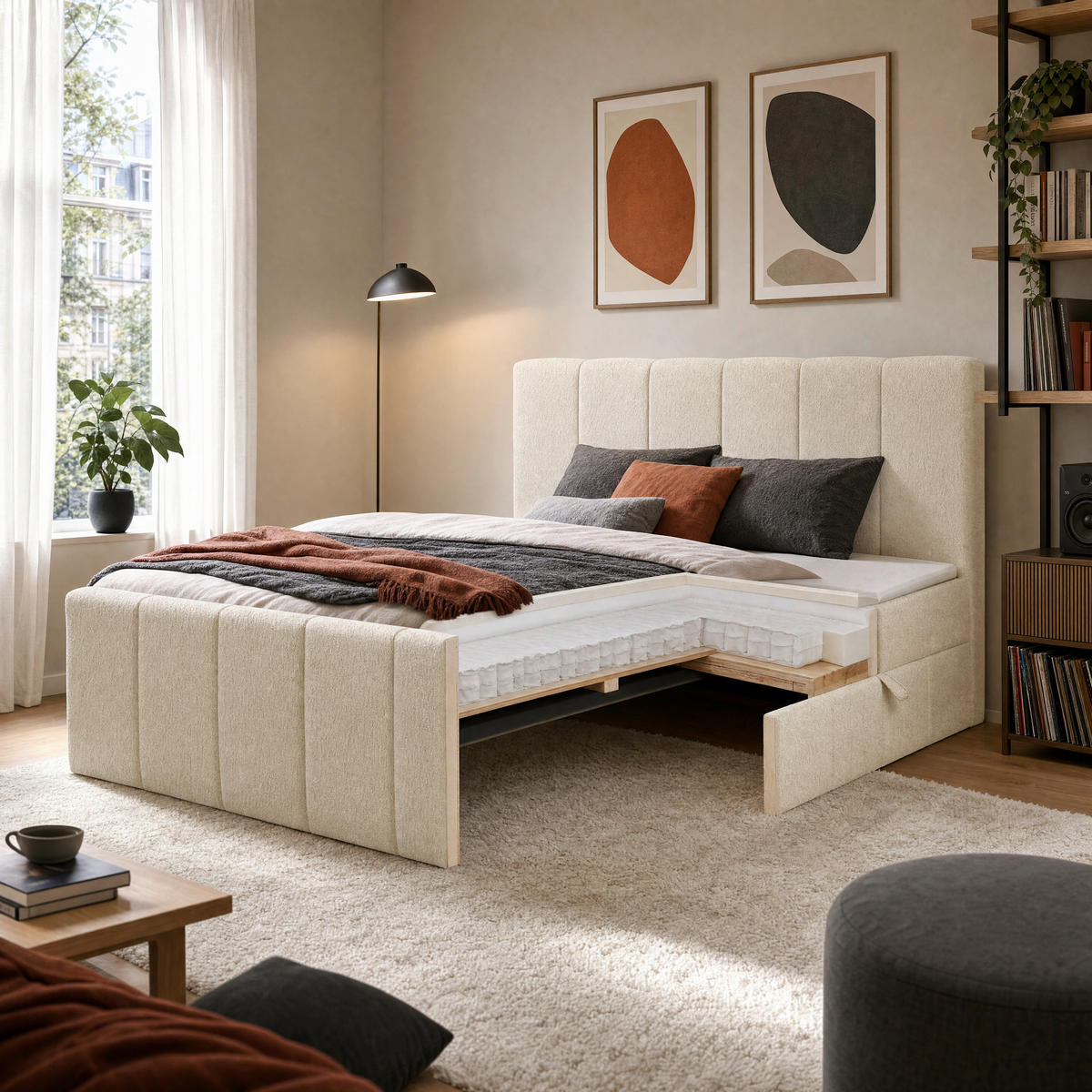 BOXBETT 180/200 cm,  in Beige, gepolstertes Kopfteil, Bettkasten, Topper, Matratzen, H3 + H3 = fest  - Beige/Schwarz, Basics, Kunststoff/Textil (180/200cm) - Chameo