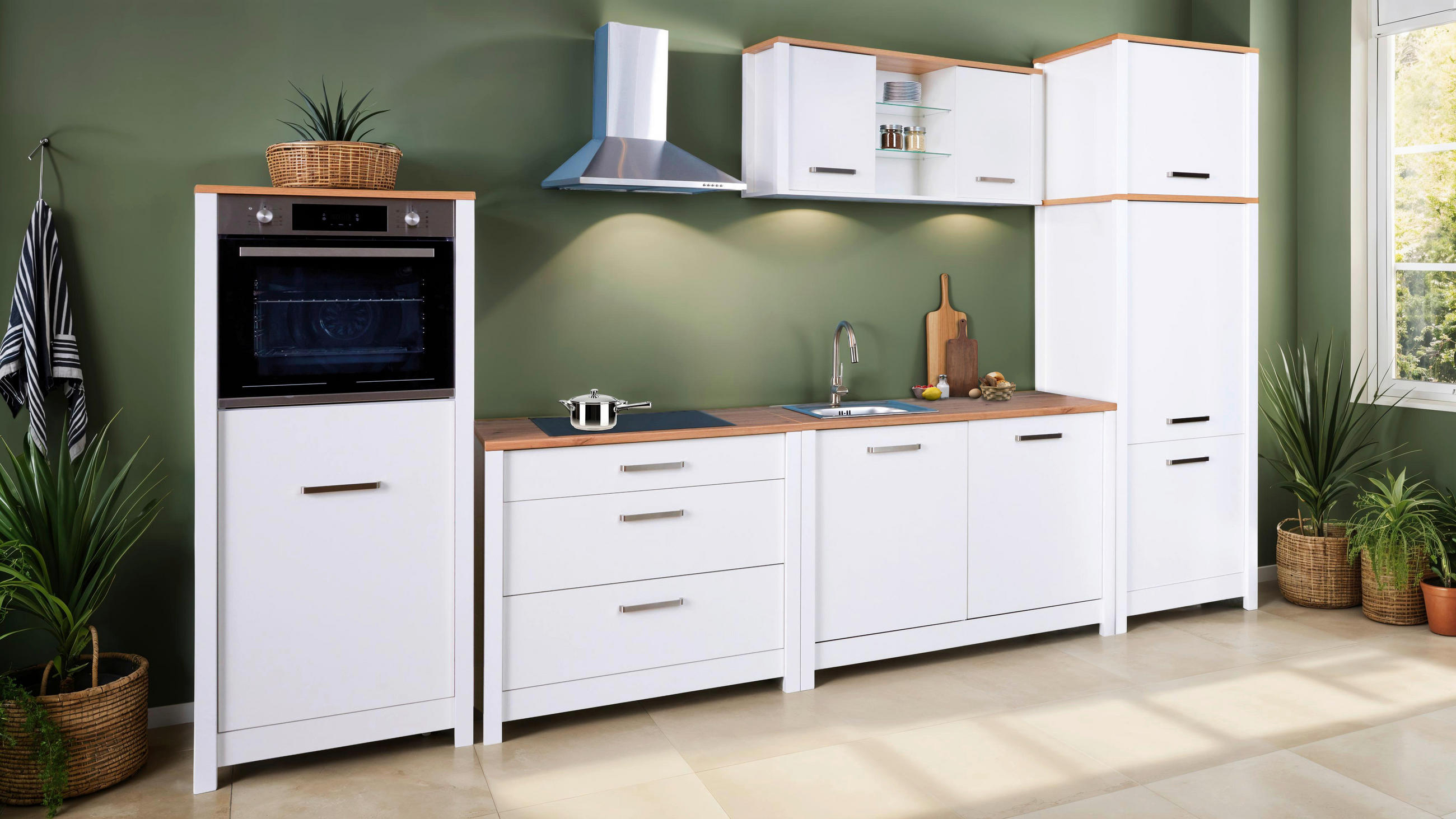 KÜCHENLEERBLOCK   in Weiß, Eiche Artisan  - Silberfarben/Weiß, MODERN, Glas/Holzwerkstoff (370cm) - home24