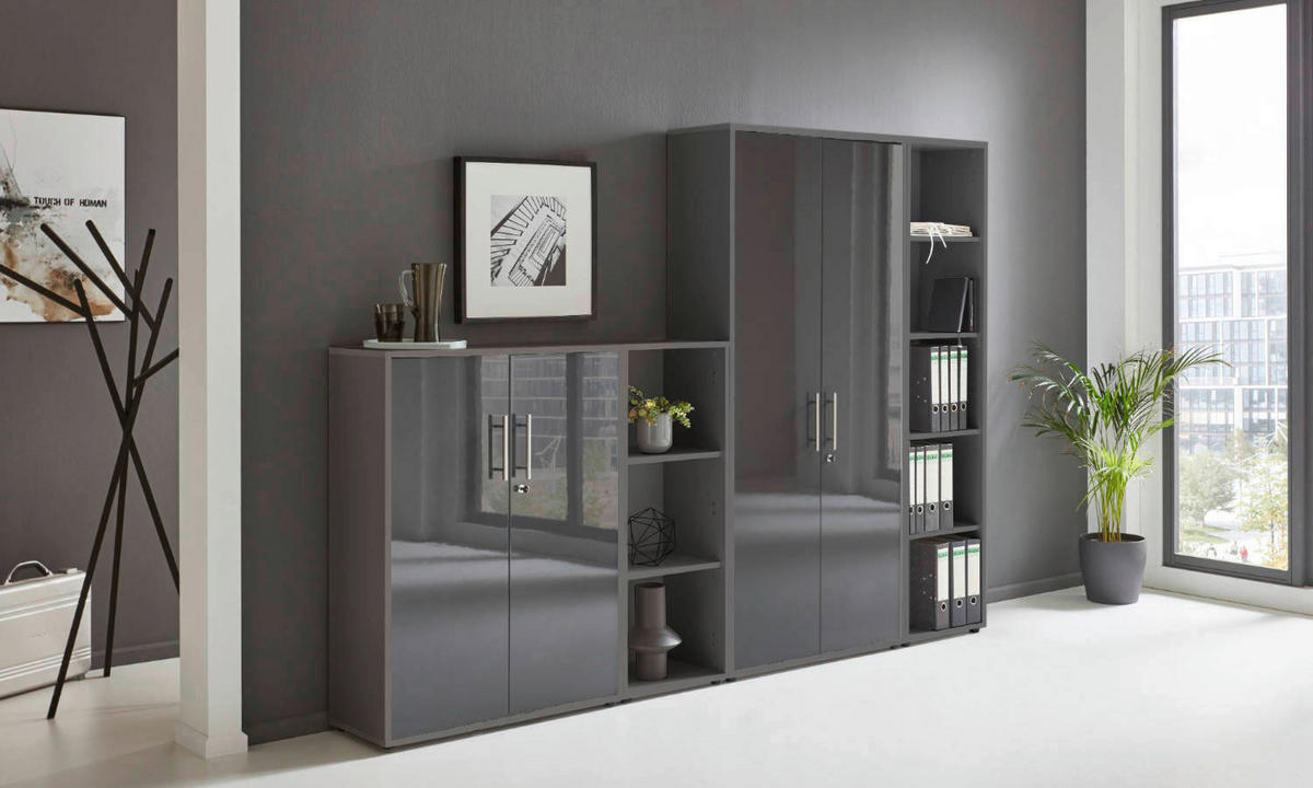 AKTENSCHRANK Anthrazit  - Anthrazit/Anthrazit Hochglanz, MODERN, Holzwerkstoff (128,5/185,6/33cm) - MID.YOU