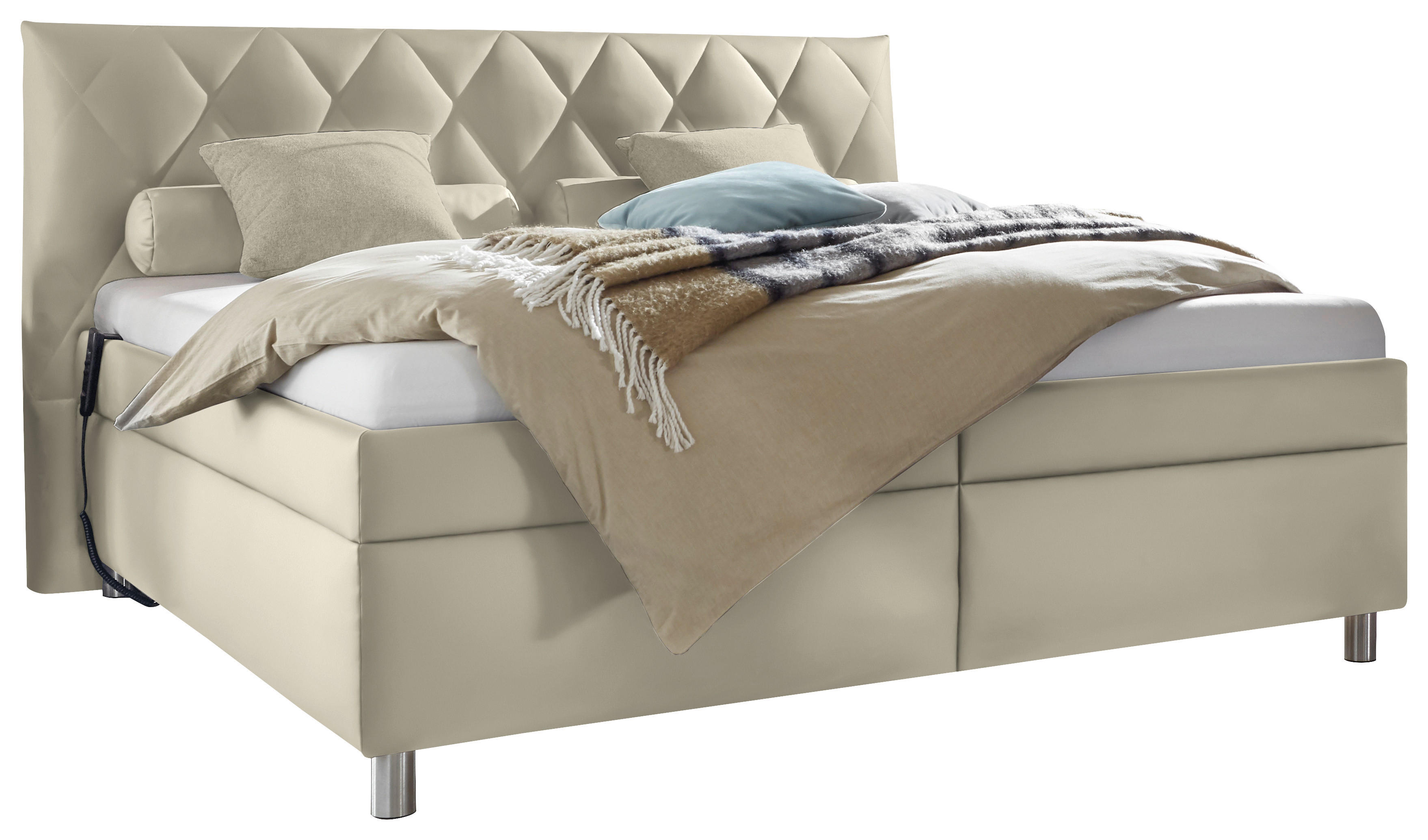 POLSTERBETT Matratze, gepolstertes Kopfteil, Lattenrost, Bettkasten, motorische Verstellbarkeit Ecru 160/200 cm  - Ecru/Silberfarben, KONVENTIONELL, Holz/Textil (160/200cm) - Esposa