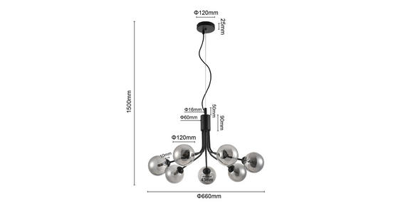 HÄNGELEUCHTE 65/150 cm  - Dunkelgrau, Design, Glas/Metall (65/150cm) - Novel