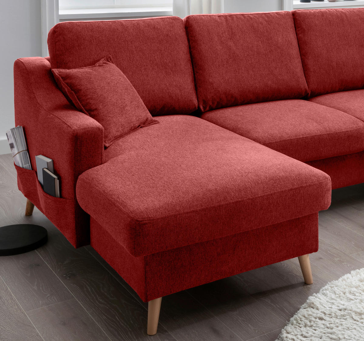 WOHNLANDSCHAFT in Chenille Rot  - Rot/Naturfarben, KONVENTIONELL, Holz/Textil (150/301/200cm) - Livetastic