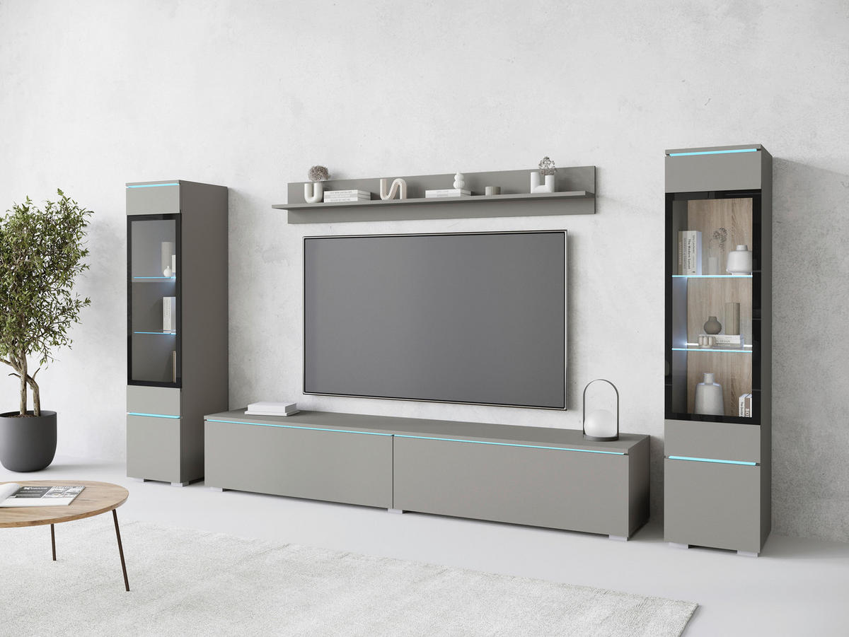 WOHNWAND Vera 4-teilig  in Grau   - Grau, Trend, Glas/Holzwerkstoff (240/130/33cm)