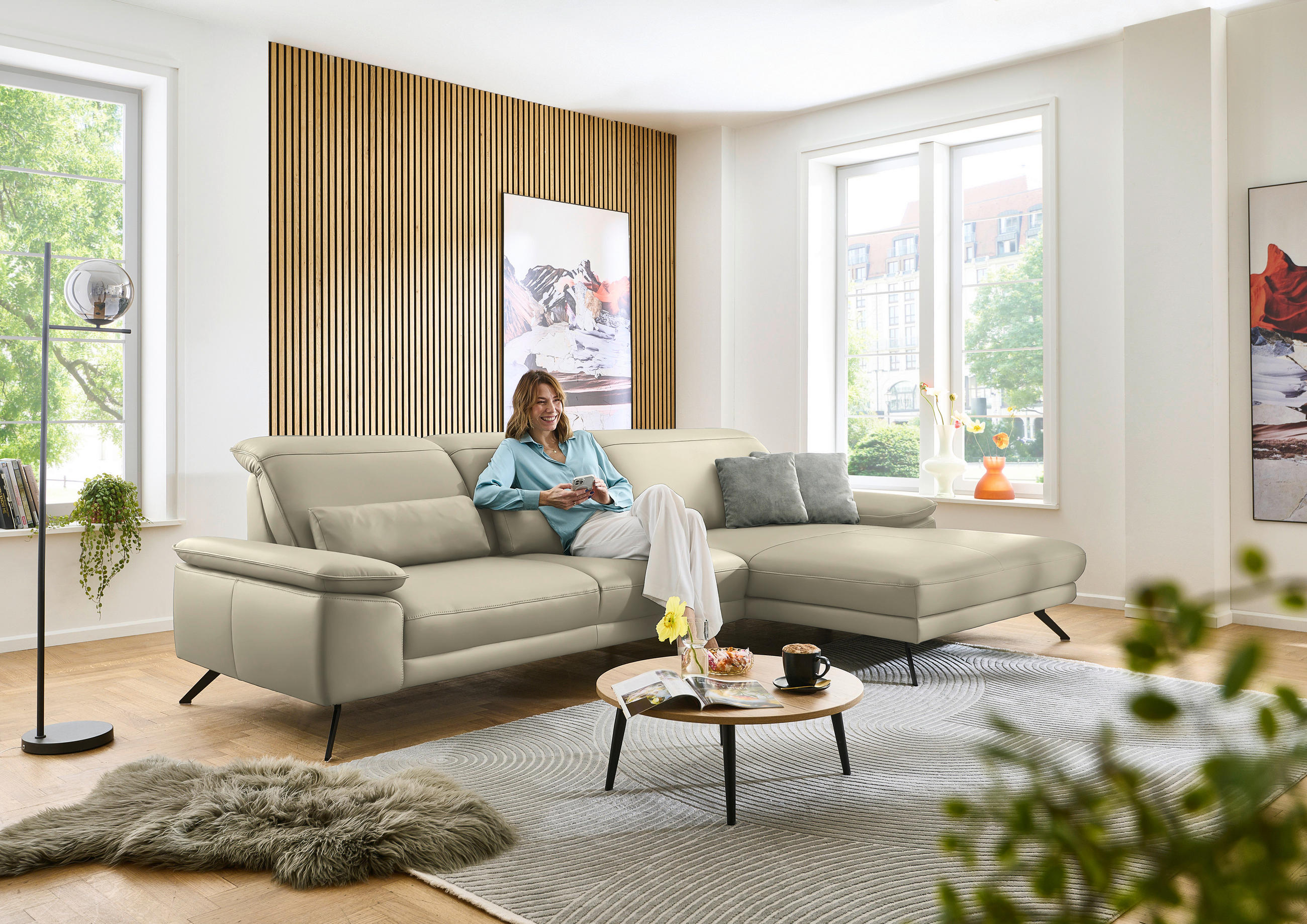 ECKSOFA in Echtleder Naturfarben  - Schwarz/Naturfarben, Design, Leder/Metall (332/193cm) - Dieter Knoll