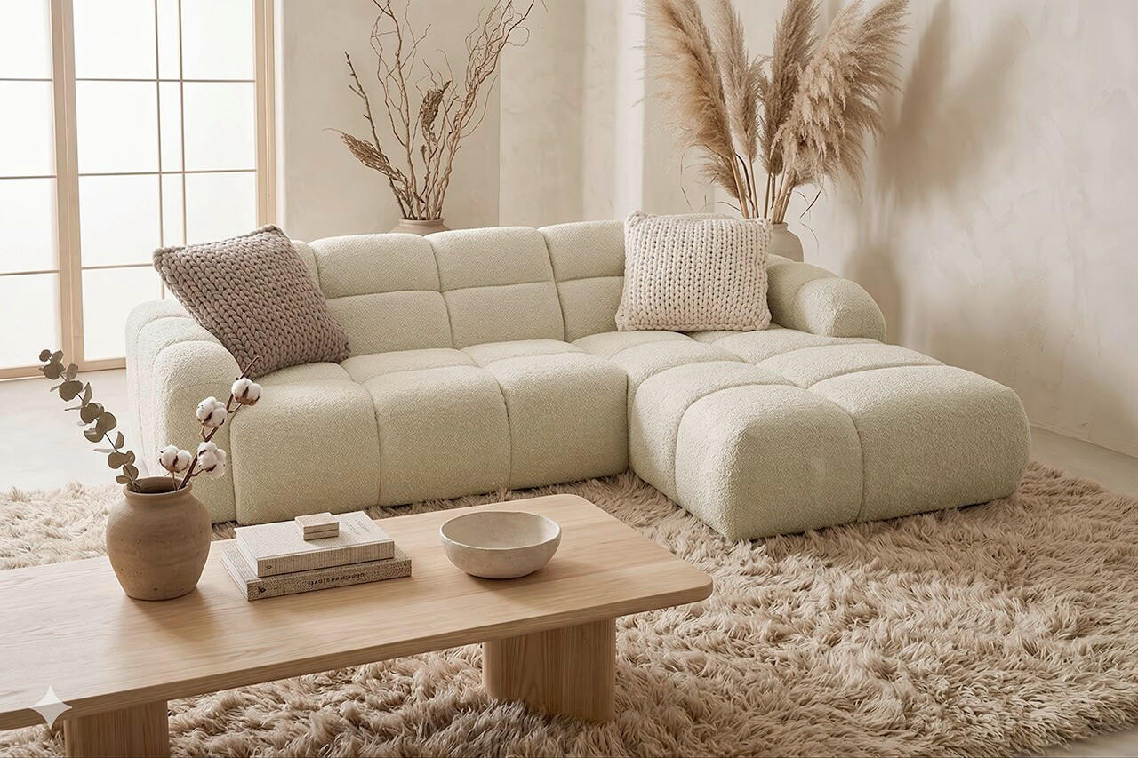 ECKSOFA VENTO in Struktur Beige  255/175 cm  - Beige/Schwarz, Design, Holz/Holzwerkstoff (255/175cm) - MID.YOU