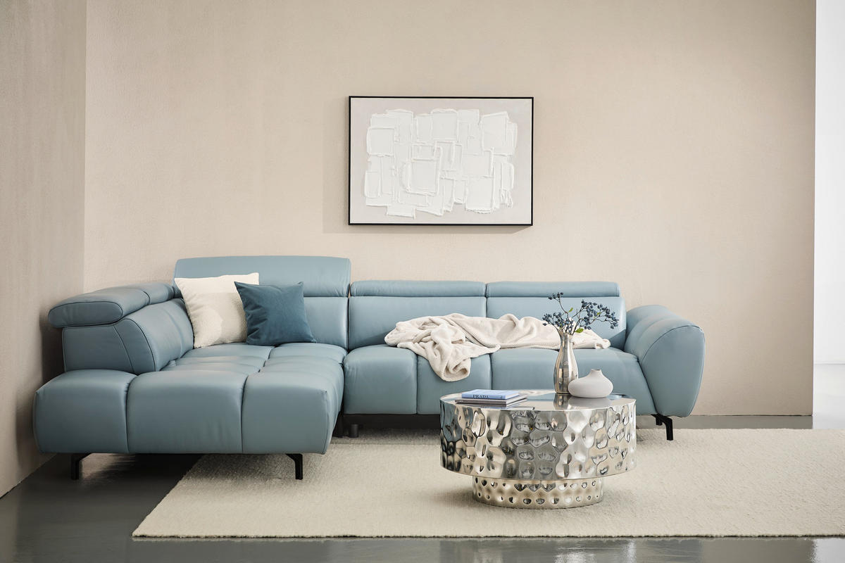 ECKSOFA AERO Graublau Echtleder Rücken echt, Kopfteilverstellung  - Graublau/Schwarz, MODERN, Leder/Metall (294/224cm) - Celina Home