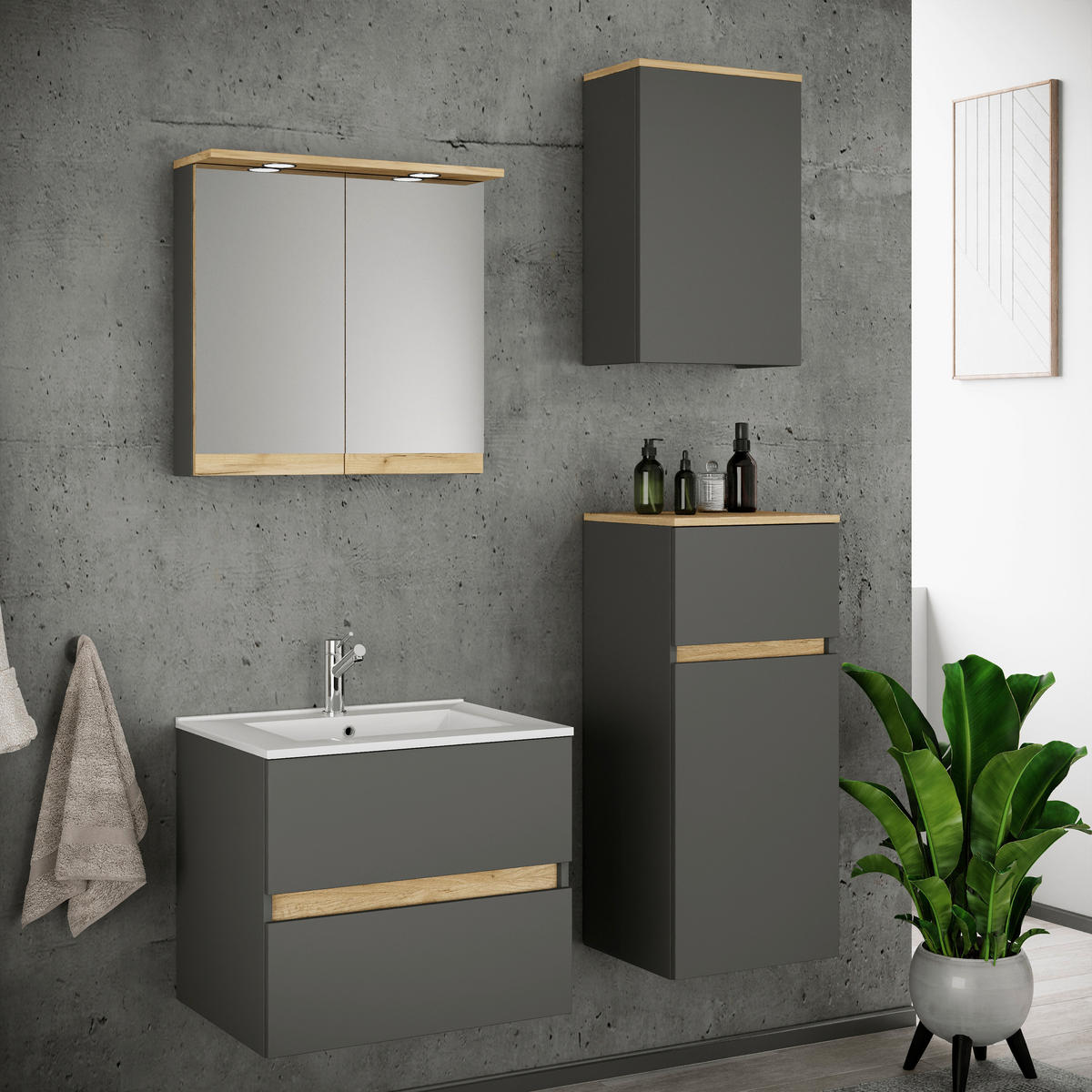BADEZIMMER 5-teilig 101 cm  - Honigeiche/Weiss, Trend, Keramik/Holzwerkstoff (101cm) - MID.YOU
