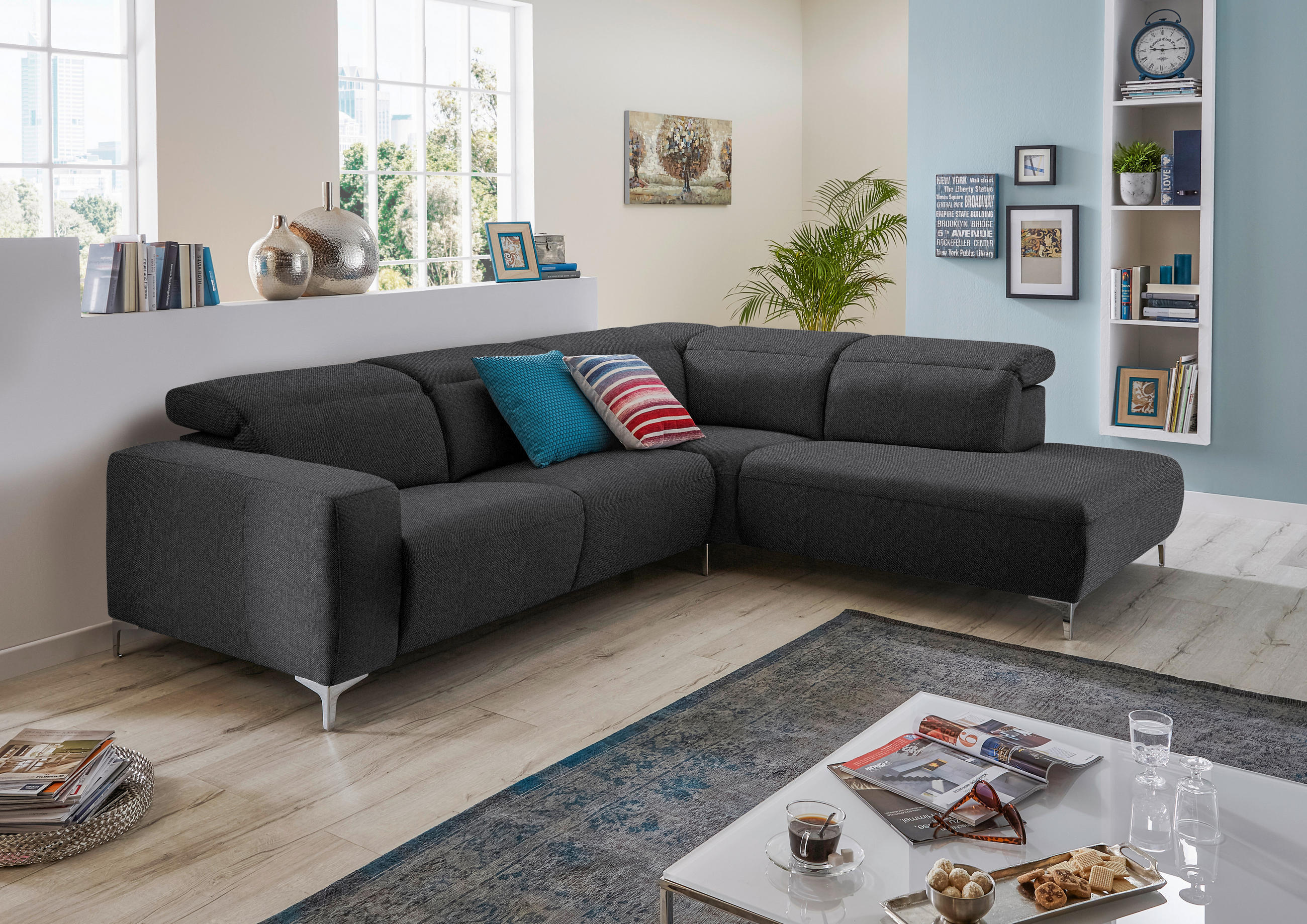 ECKSOFA Dunkelgrau Flachgewebe  - Dunkelgrau, Design, Textil/Metall (238/290cm) - Pure Home Lifestyle