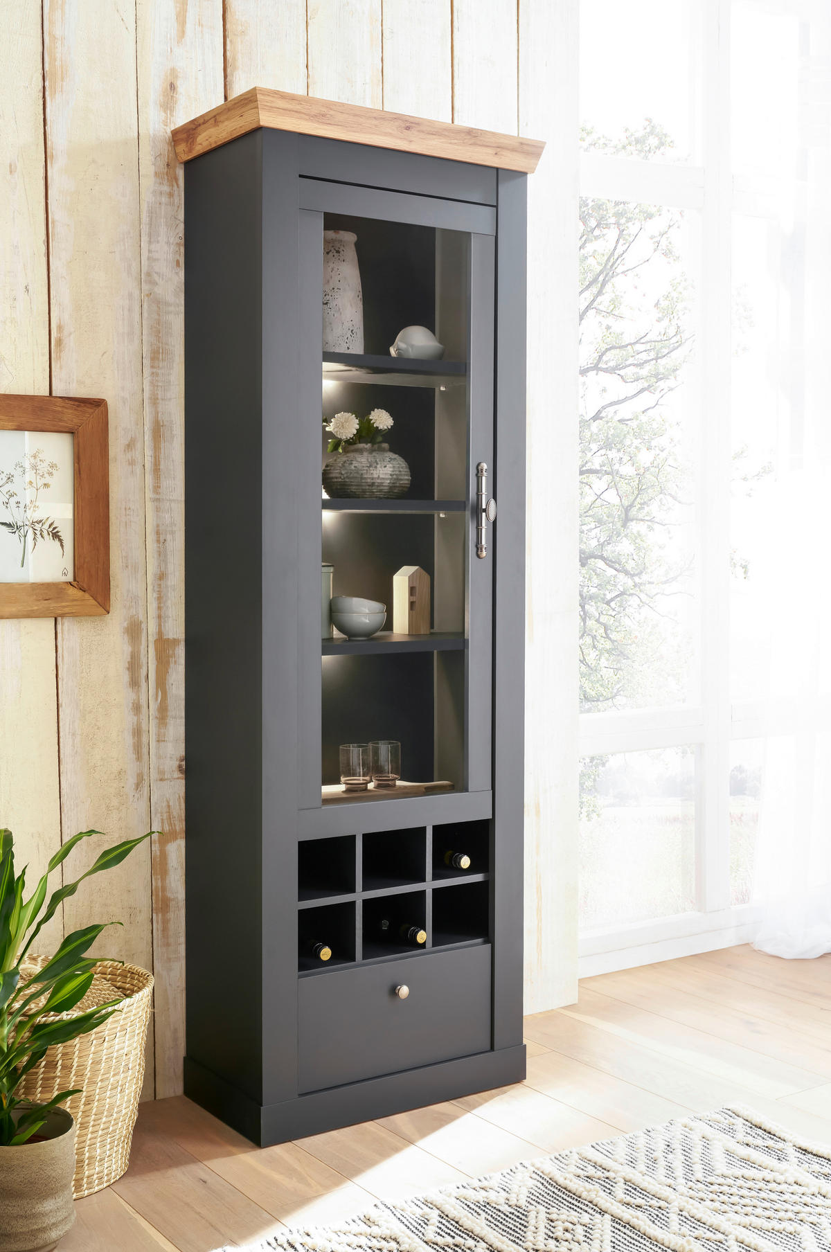 VITRINE in Anthrazit, Eiche Wotan  - Anthrazit/Silberfarben, Design, Holzwerkstoff/Metall (72/201/38cm) - MID.YOU