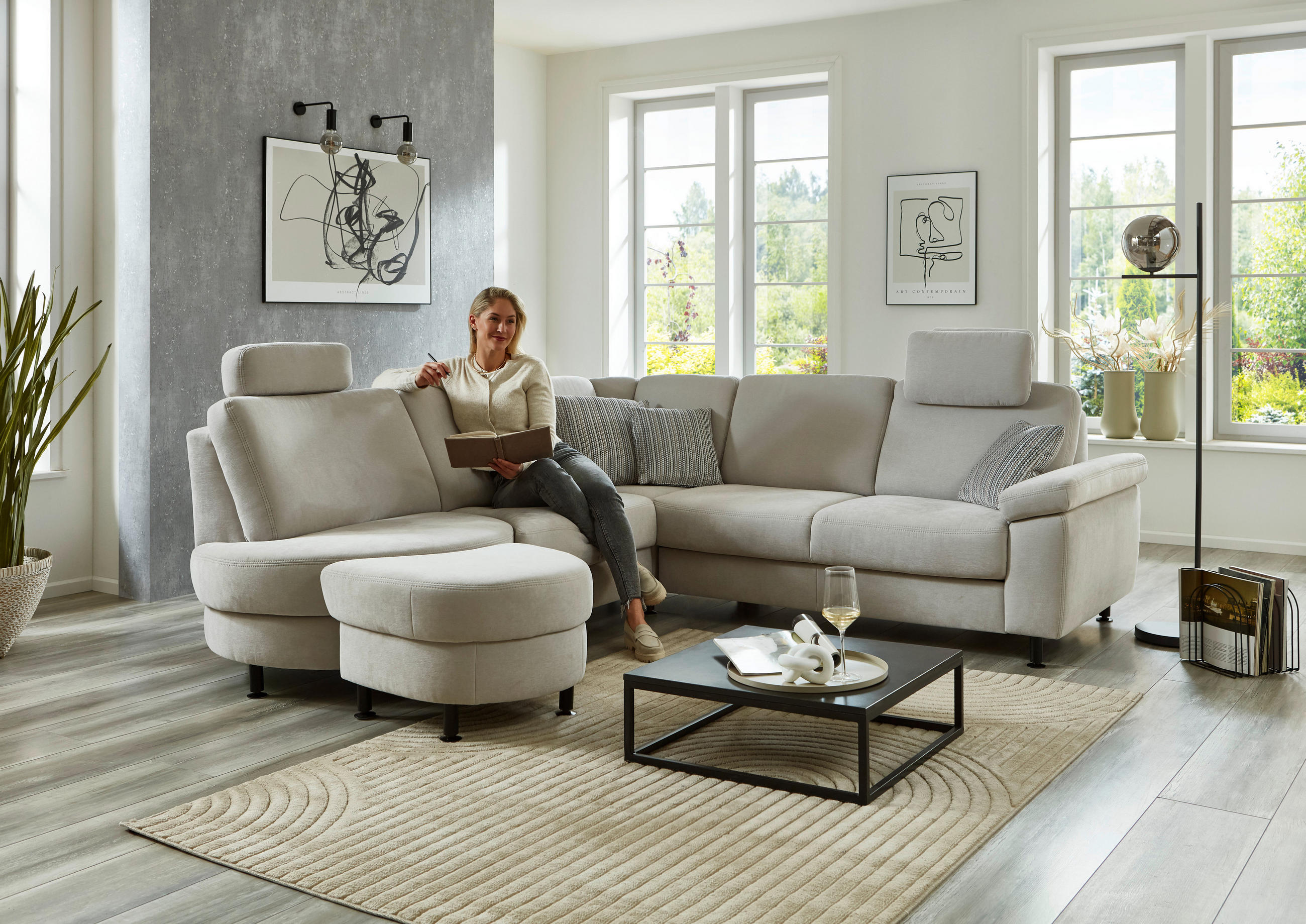 ECKSOFA in Flachgewebe Hellgrau  - Hellgrau/Schwarz, Konventionell, Textil/Metall (252/248cm) - Beldomo Comfort