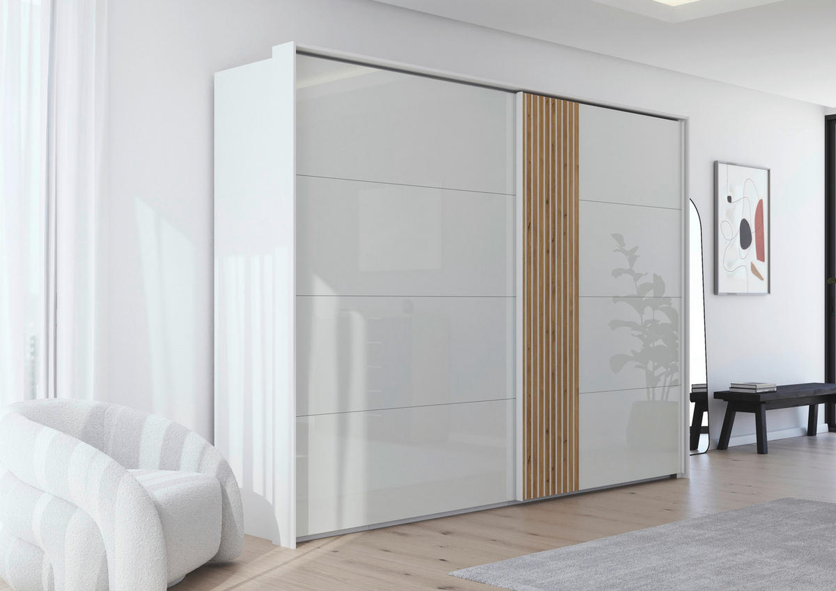 SCHWEBETÜRENSCHRANK  in Weiß, Eichefarben  - Eichefarben/Weiß, Design, Glas/Holzwerkstoff (301/223/68cm) - Novel