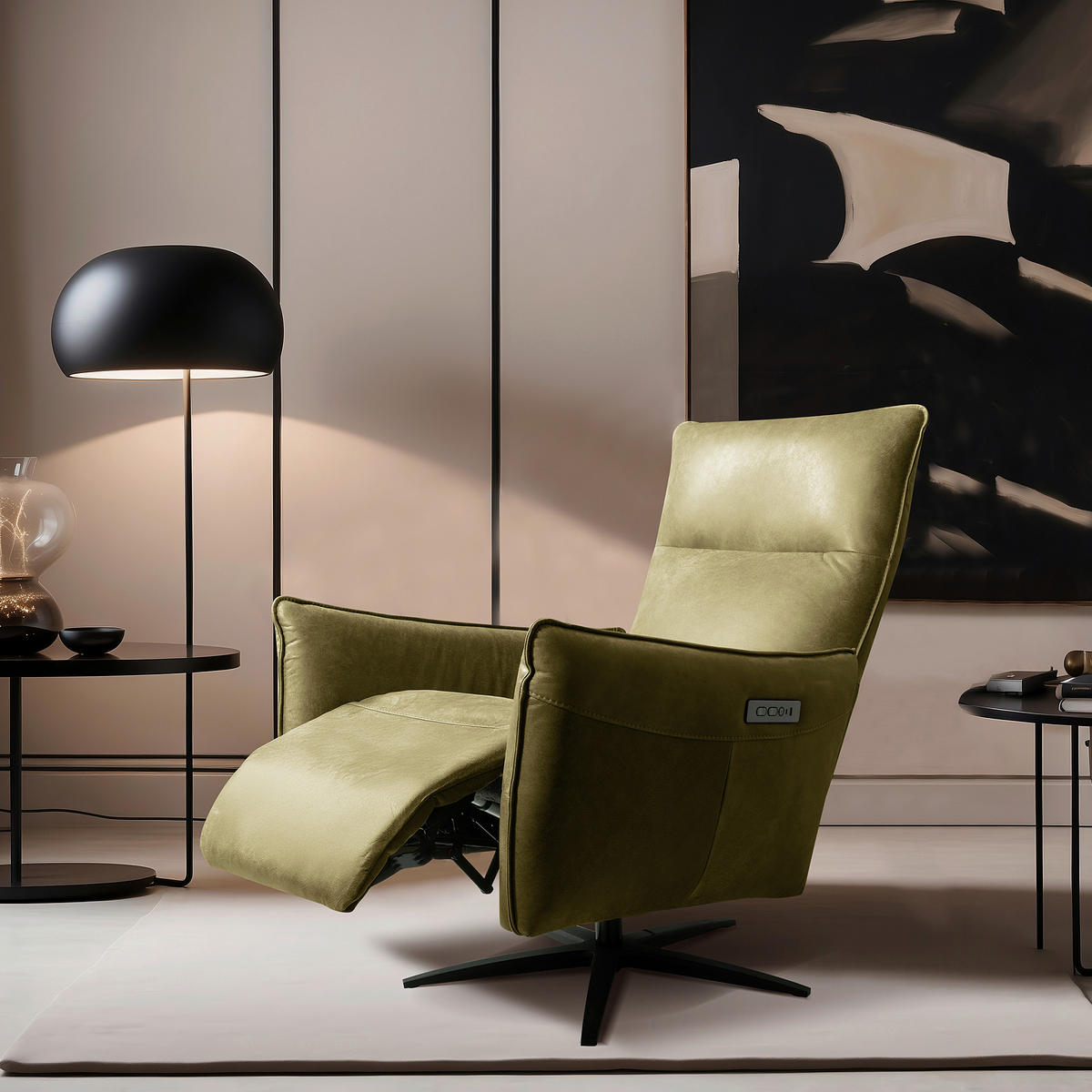 RELAXSESSEL in Leder Olivgrün  - Schwarz/Olivgrün, Design, Leder/Metall (77/107/88cm) - Livetastic