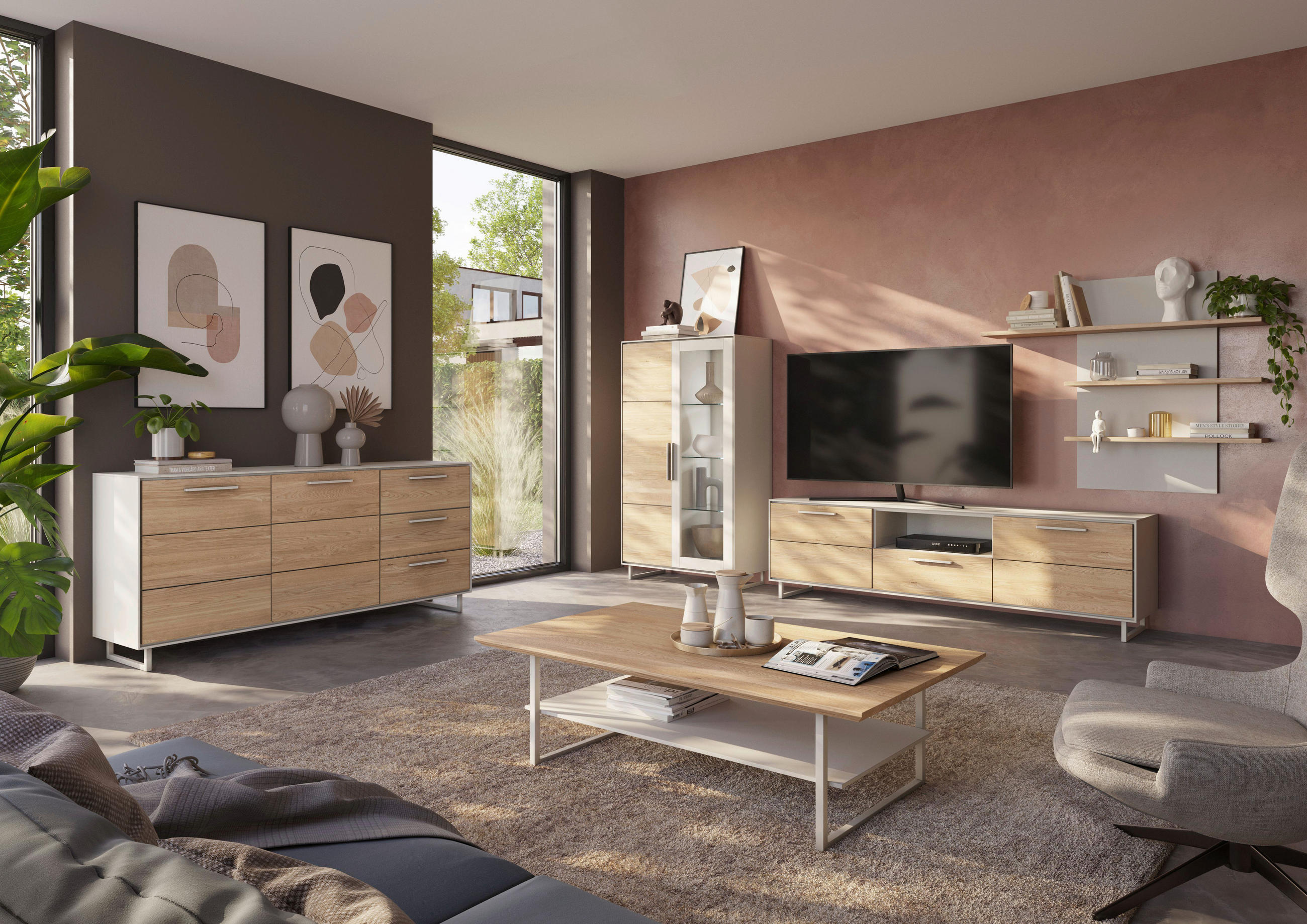 VITRINE  in massiv Eiche Eiche Bianco - Kaschmir/Eiche Bianco, Design, Glas/Holz (102/148/40cm) - Livetastic