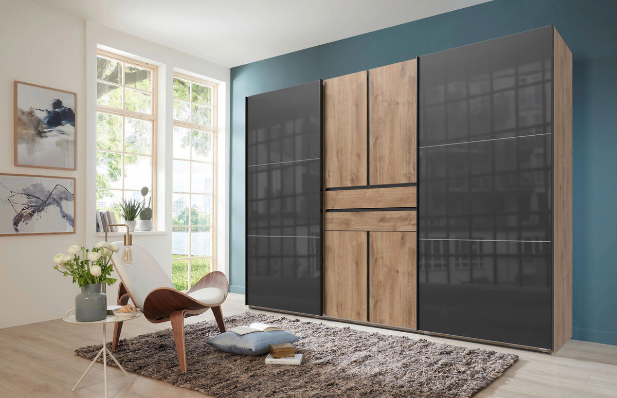 KLEIDERSCHRANK 300/216/65 cm,  in Grau, Plankeneiche, 6-türig  - Plankeneiche/Schwarz, Design, Glas/Holzwerkstoff (300/216/65cm) - Stylife