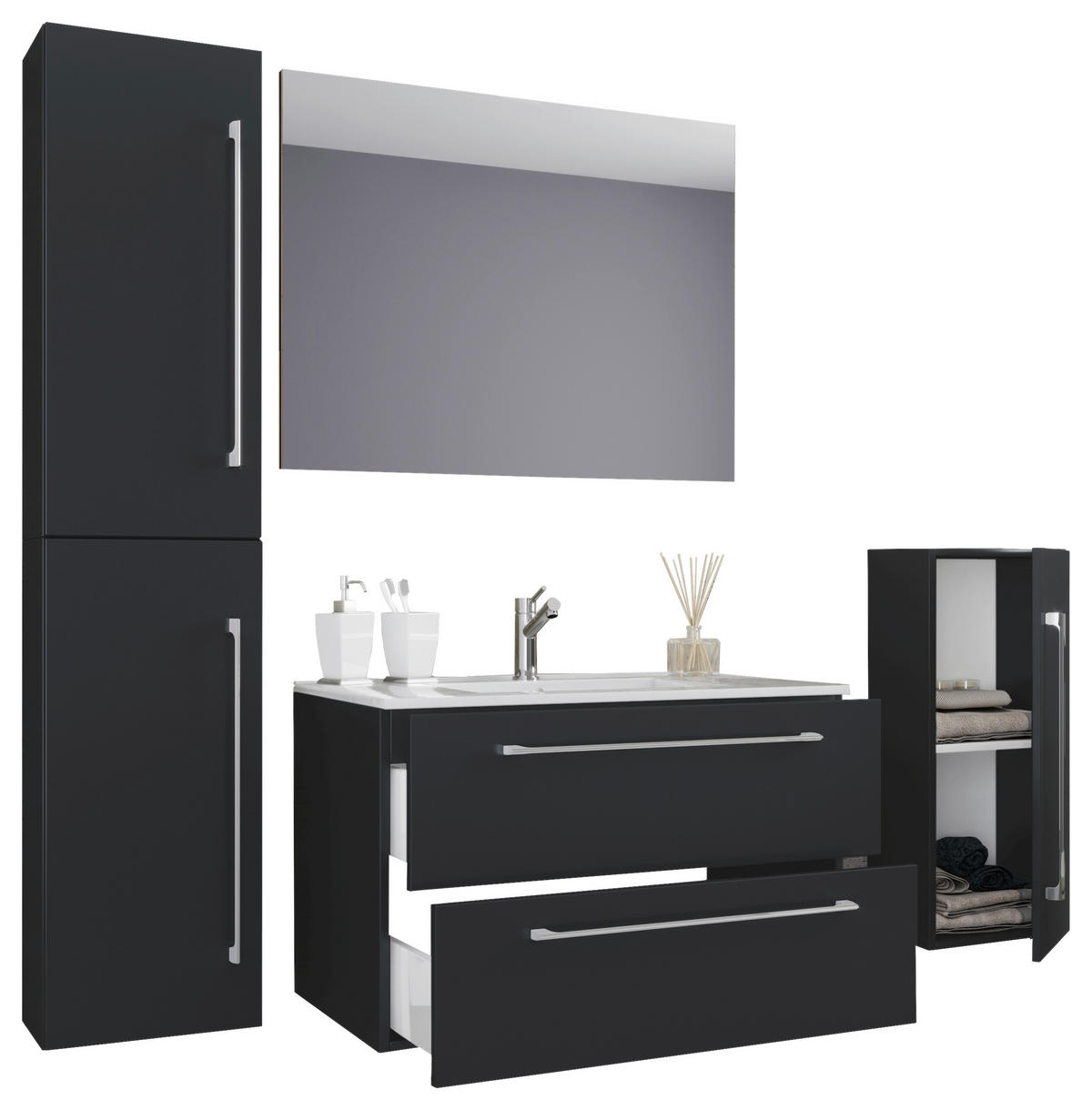 BADEZIMMER 5-teilig  in 126 cm  - Alufarben/Schwarz, MODERN, Keramik/Holzwerkstoff (126cm) - MID.YOU