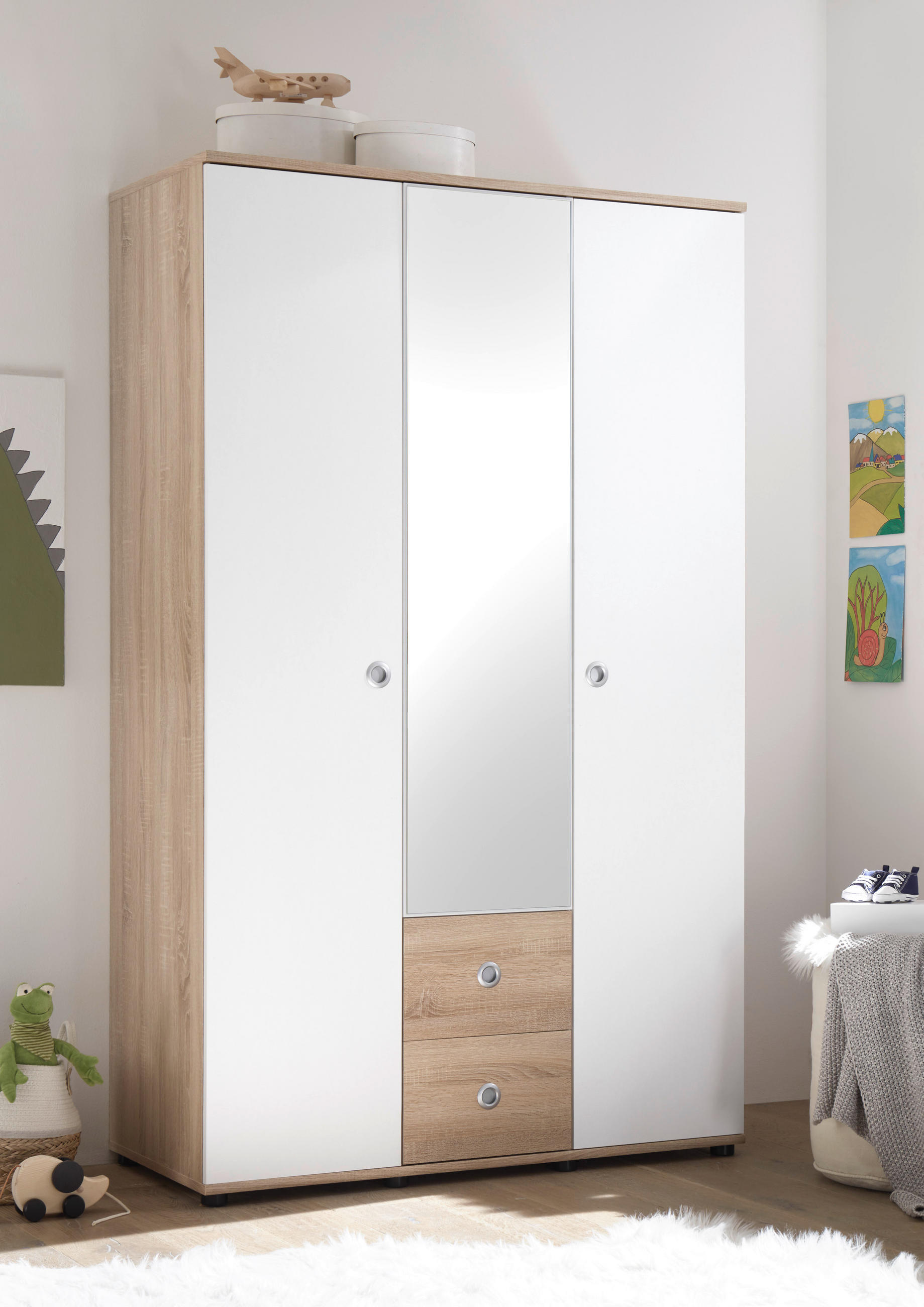 DREHTÜRENSCHRANK 3-türig Weiß, Sonoma Eiche  - Alufarben/Weiß, KONVENTIONELL, Glas/Holzwerkstoff (115/190/52cm) - MID.YOU