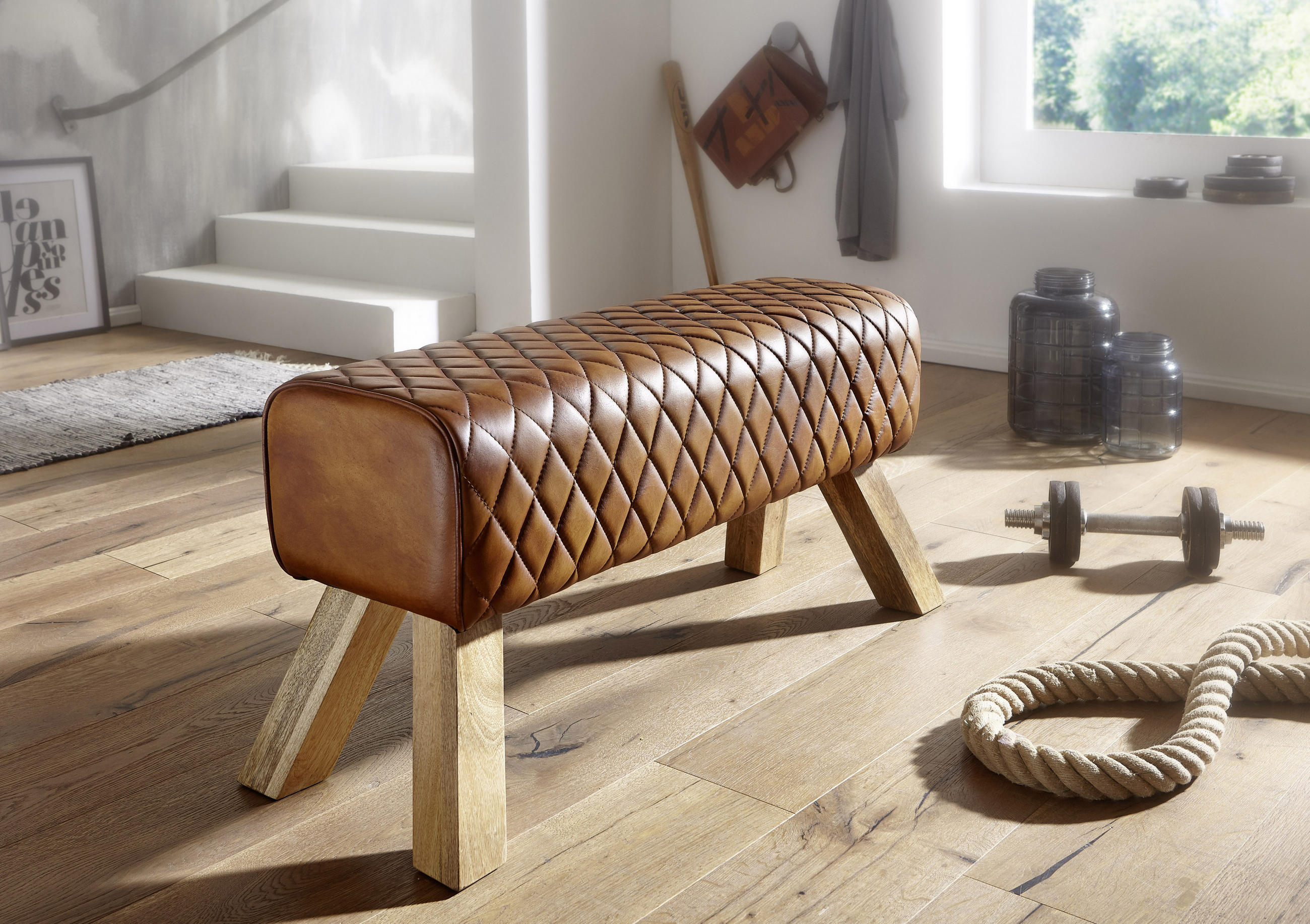 BÄNK i läder brun  - brun/naturfärgad, Modern, läder/trä (89/46/35cm) - MID.YOU