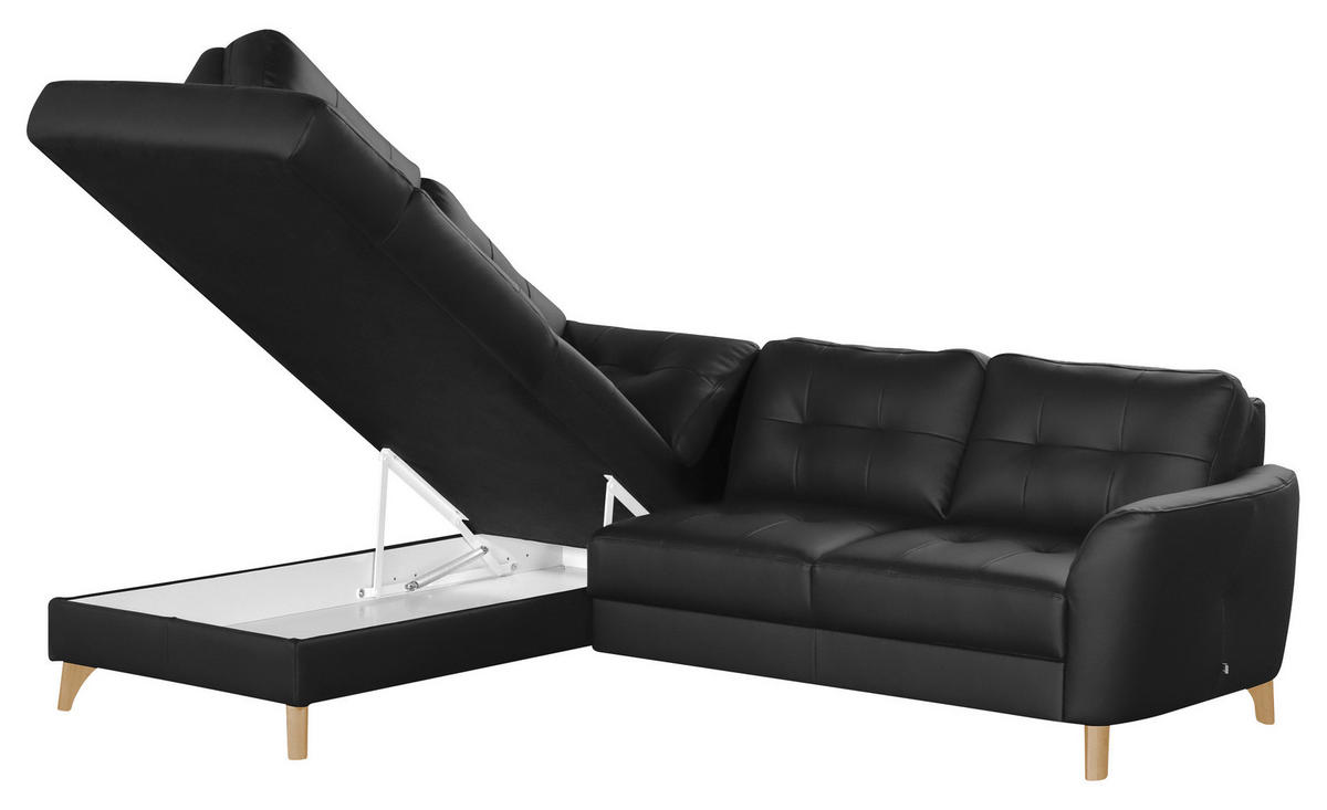 ECKSOFA Schwarz Echtleder Lederlook  - Buchefarben/Schwarz, Design, Leder/Holz (190/236cm) - Livetastic