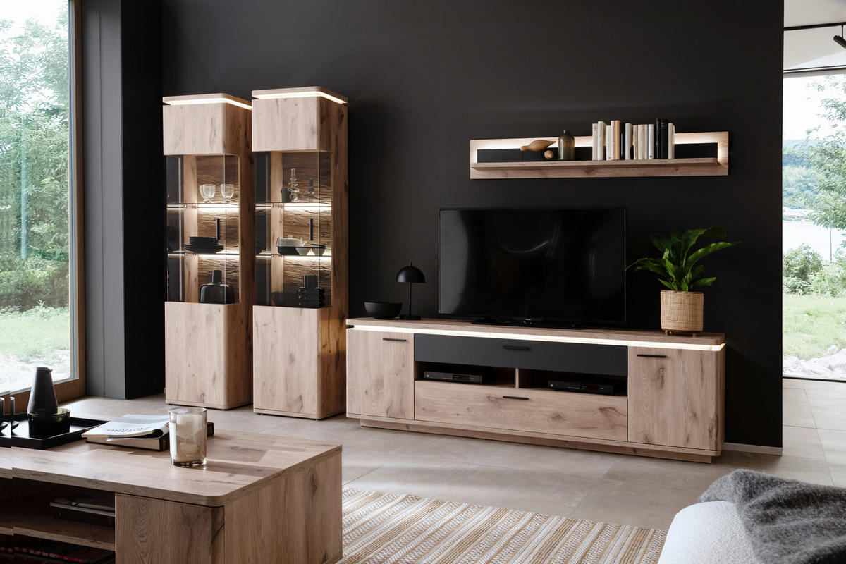 WOHNWAND  in Anthrazit, Eiche dunkel  330/208/50 cm  - Eiche dunkel/Anthrazit, KONVENTIONELL, Glas/Holzwerkstoff (330/208/50cm) - Cantus