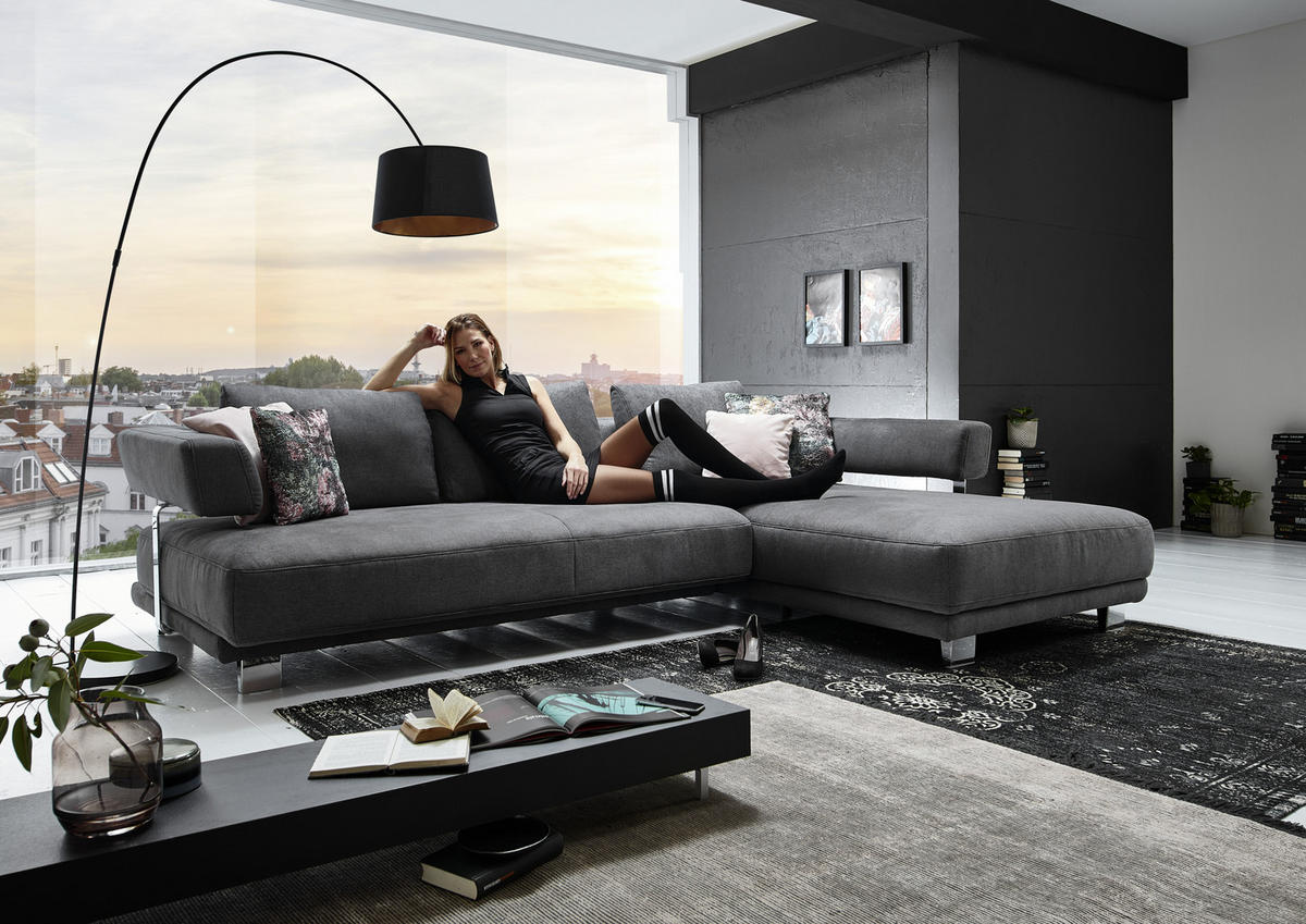 ECKSOFA in Chenille Grau  - Chromfarben/Grau, Natur, Textil/Metall (297/214cm) - Valdera