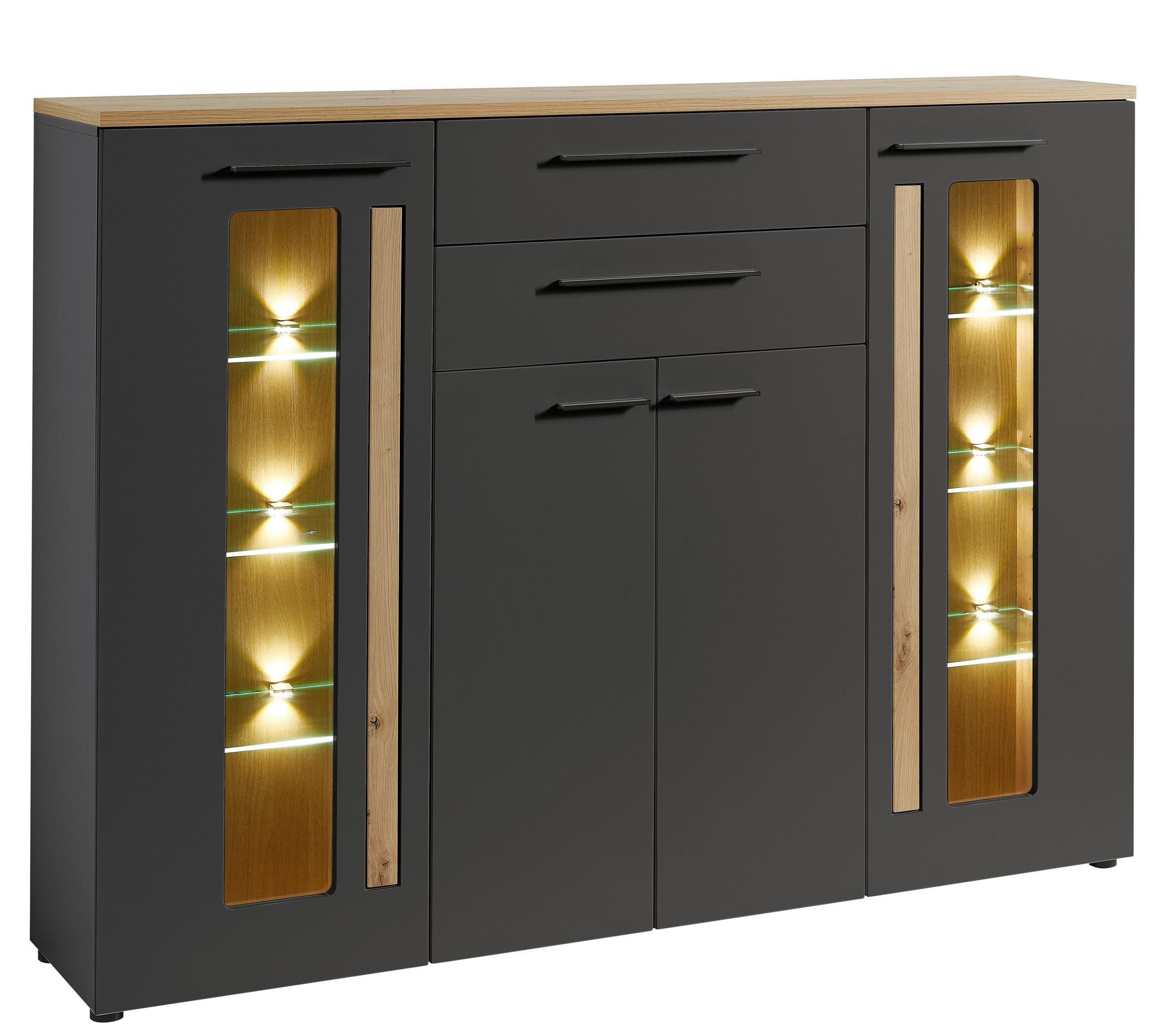 HIGHBOARD ohne Beleuchtung, Graphitfarben, Eichefarben Beleuchtung, Einlegeböden - Eichefarben/Schwarz, MODERN, Glas/Holzwerkstoff (180/133/37cm) - Livetastic
