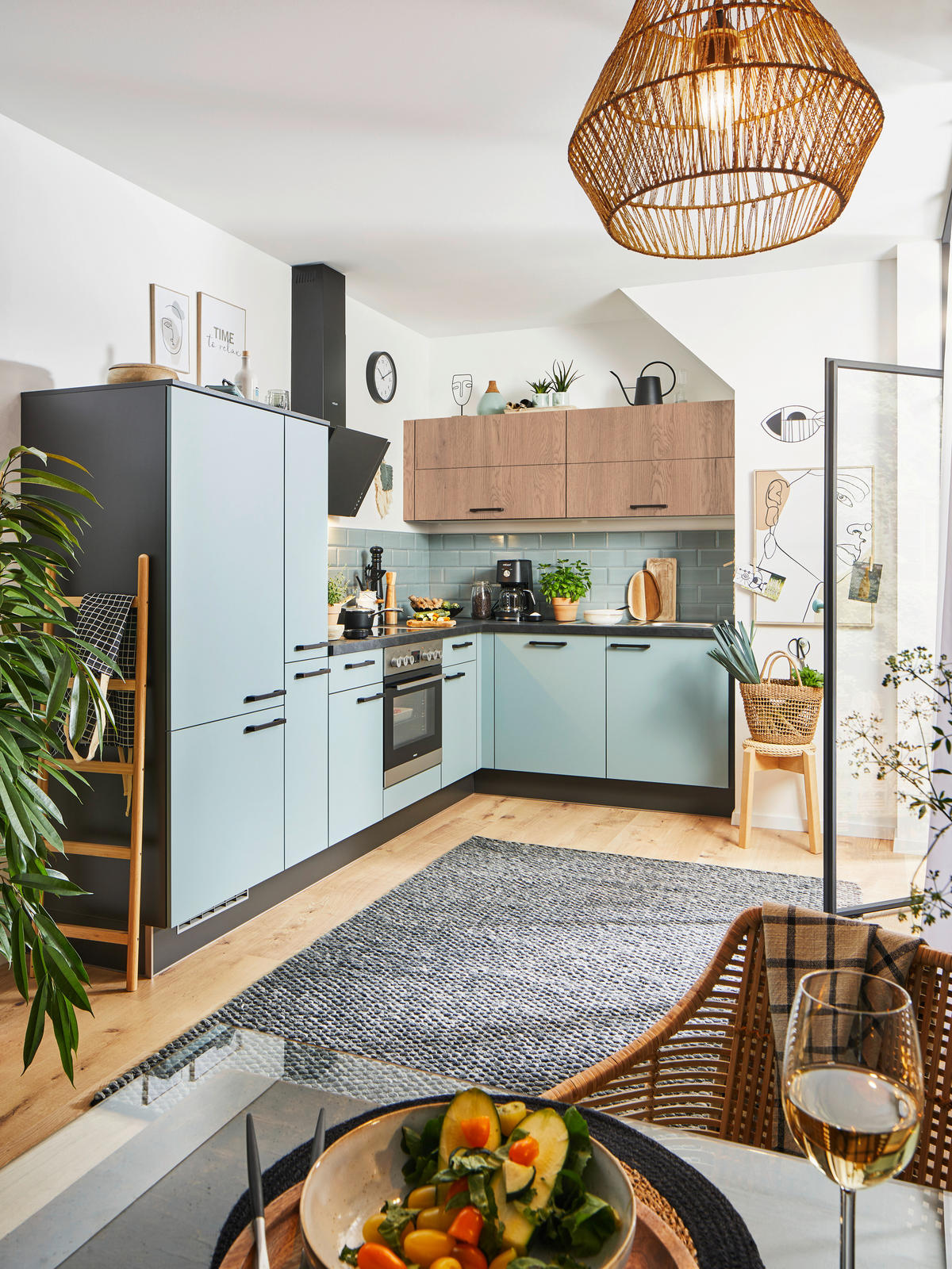 ECKKÜCHE XO 15 305/185 cm  in Eichefarben, Pastellblau  - Pastellblau/Eichefarben, Design, Holzwerkstoff/Metall (305/185cm) - Xora