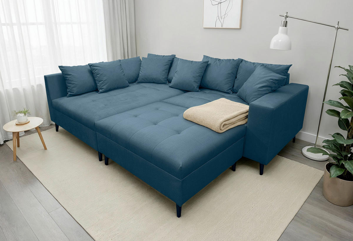 Ecksofa inkl. Hocker  in Mikrofaser Dunkelblau  174/247 cm  - Schwarz/Dunkelblau, Design, Holz/Textil (174/247cm) - MID.YOU