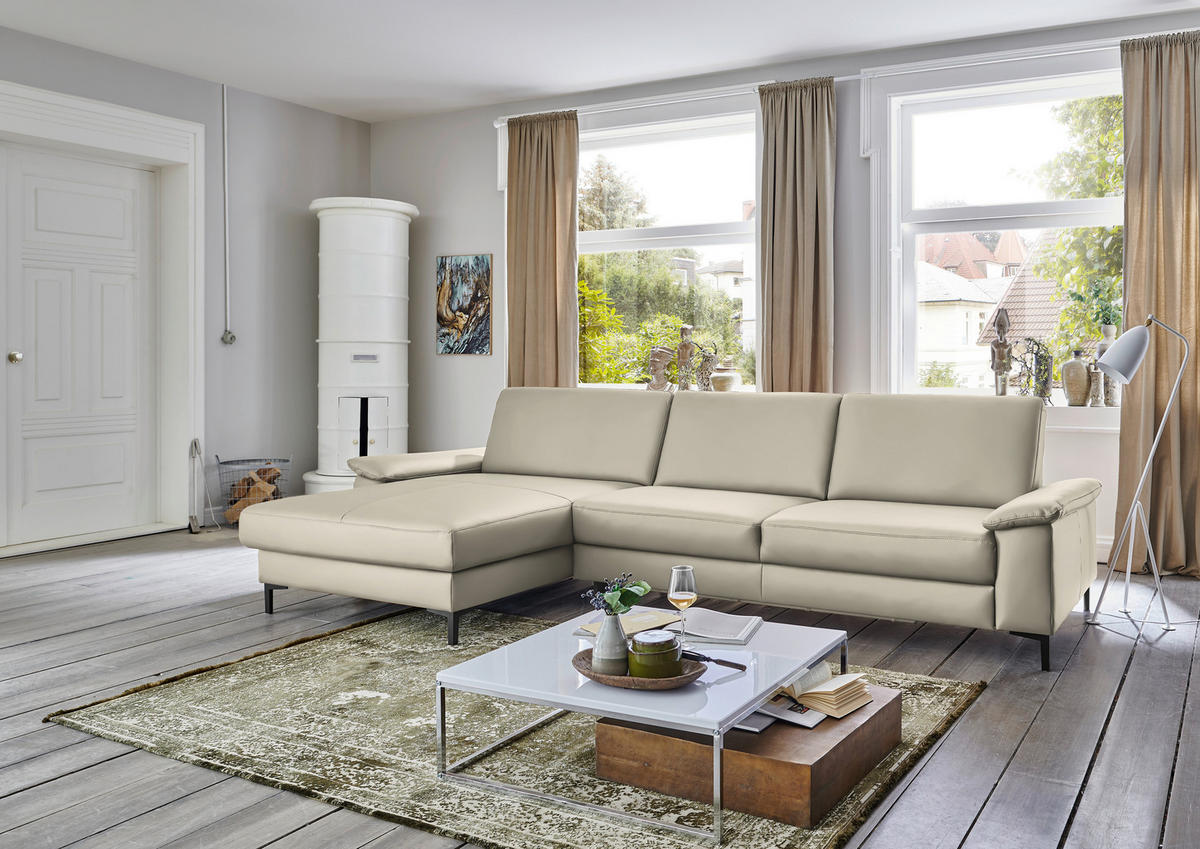 ECKSOFA in Echtleder Ecru  - Ecru/Schwarz, Design, Leder/Metall (176/334cm) - Dieter Knoll
