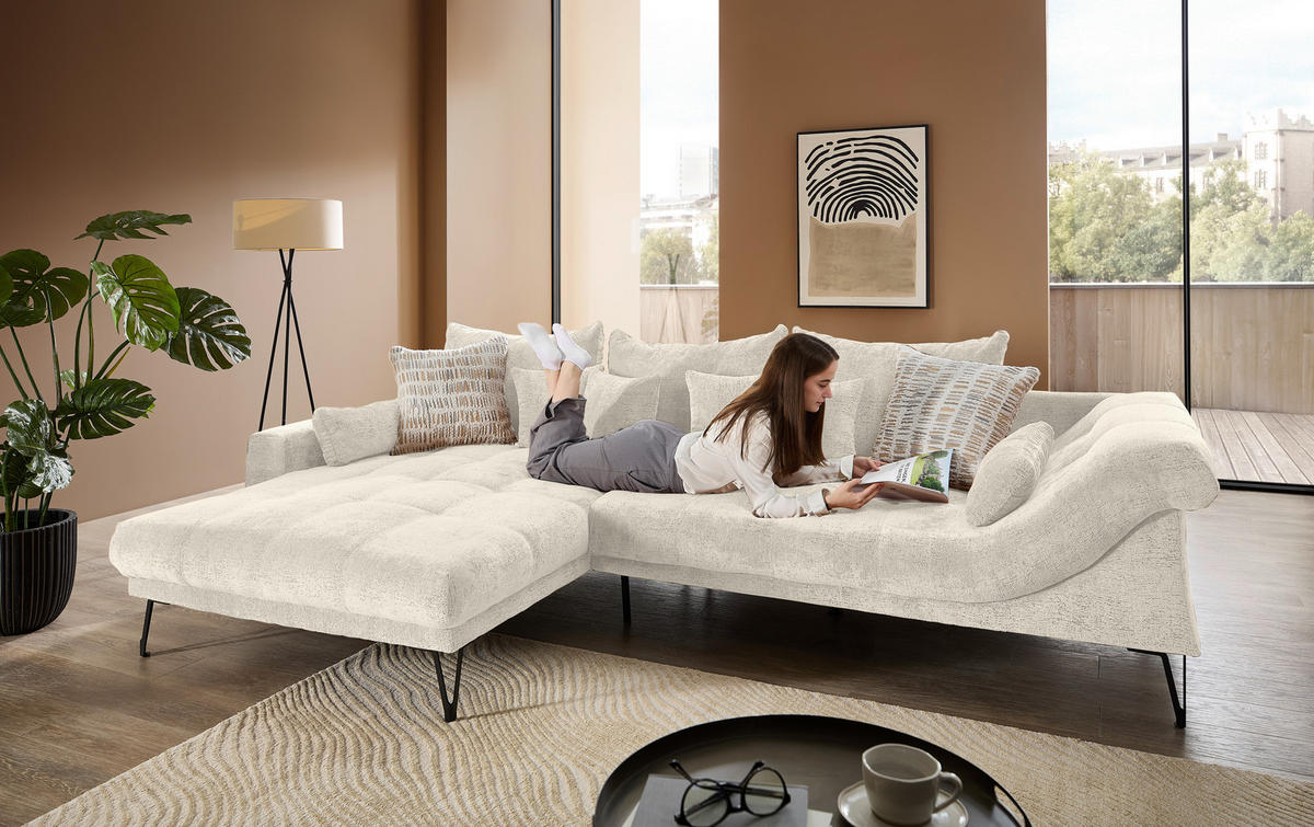 ECKSOFA Chenille Creme  - Creme/Schwarz, Konventionell, Textil/Metall (192/310cm) - Livetastic