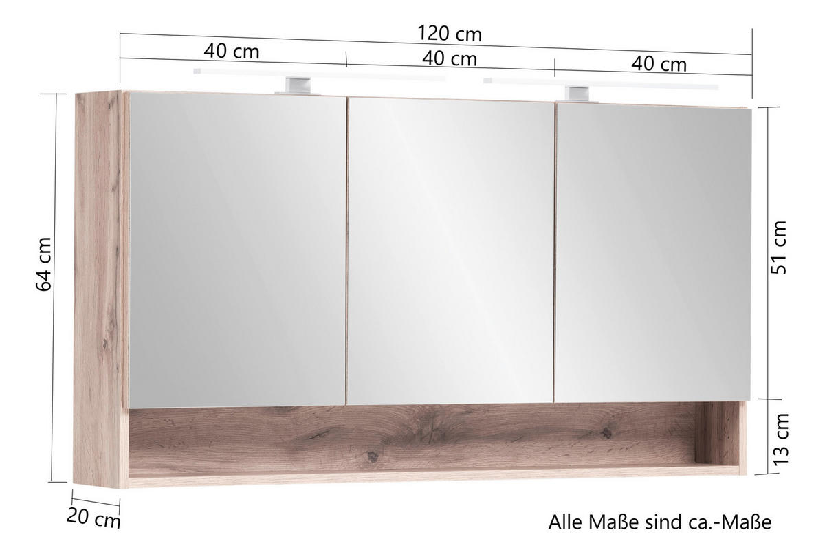 SPIEGELSCHRANK 120/64/20 cm  - Chromfarben/Eiche Wotan, Natur, Glas/Holzwerkstoff (120/64/20cm) - Xora