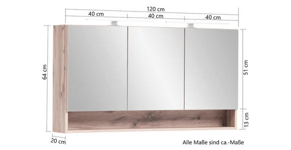 SPIEGELSCHRANK 120/64/20 cm  - Chromfarben/Eiche Wotan, Natur, Glas/Holzwerkstoff (120/64/20cm) - Xora