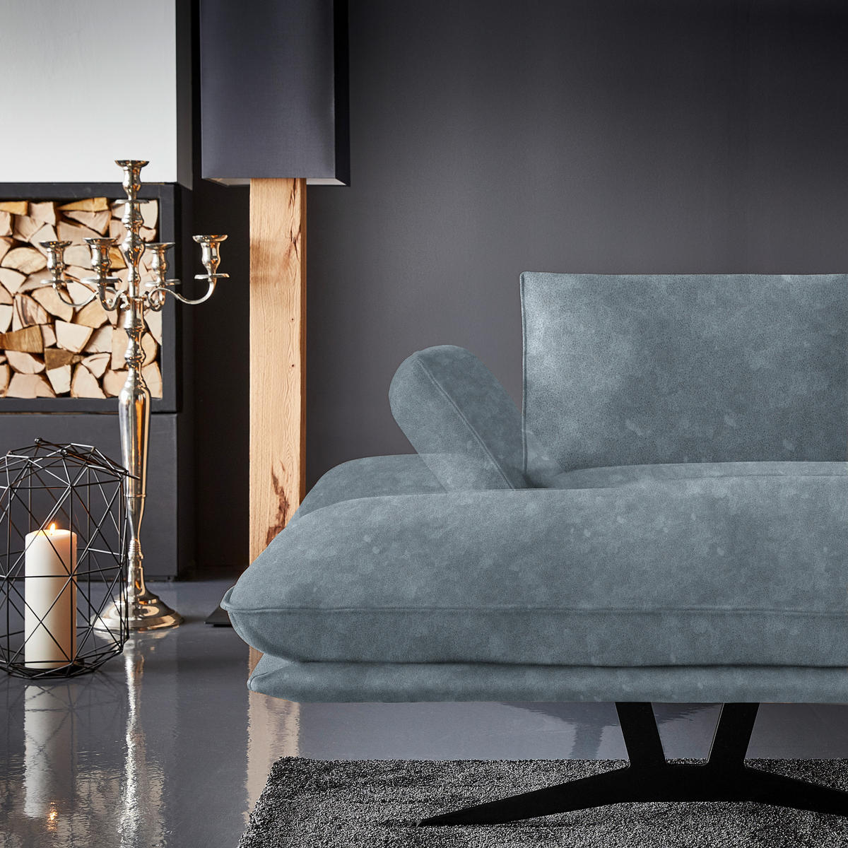 WOHNLANDSCHAFT in Echtleder Blau  - Blau/Schwarz, Natur, Leder/Metall (155/359/217cm) - Dieter Knoll