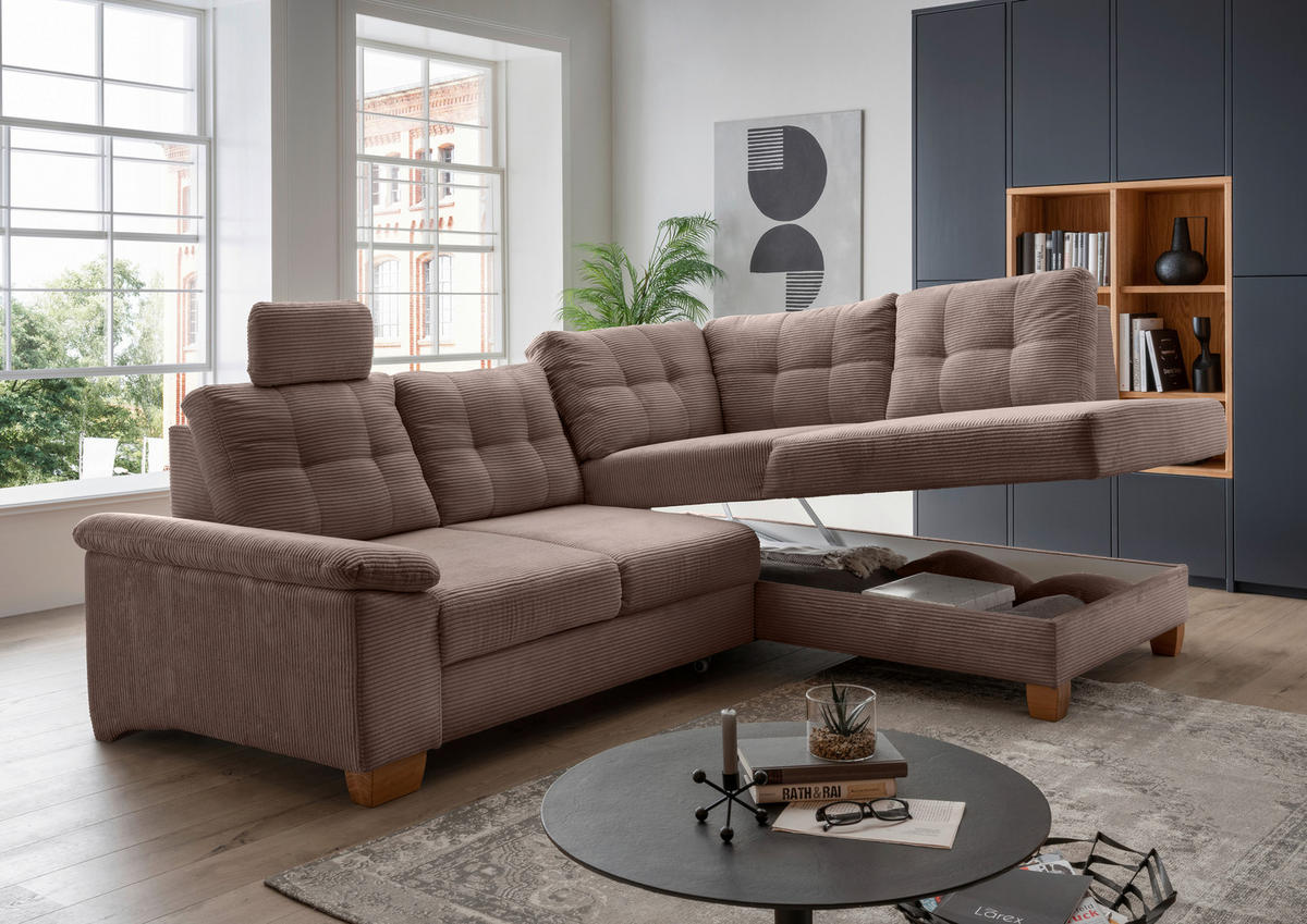 ECKSOFA in Cord Graubraun  - Graubraun/Naturfarben, Modern, Holz/Textil (274/206cm) - Livetastic