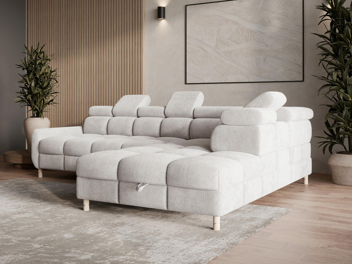 ECKSOFA BUN in Bouclé Hellgrau  - Elfenbein/Hellgrau, Design, Holz/Textil (276/209cm) - MID.YOU