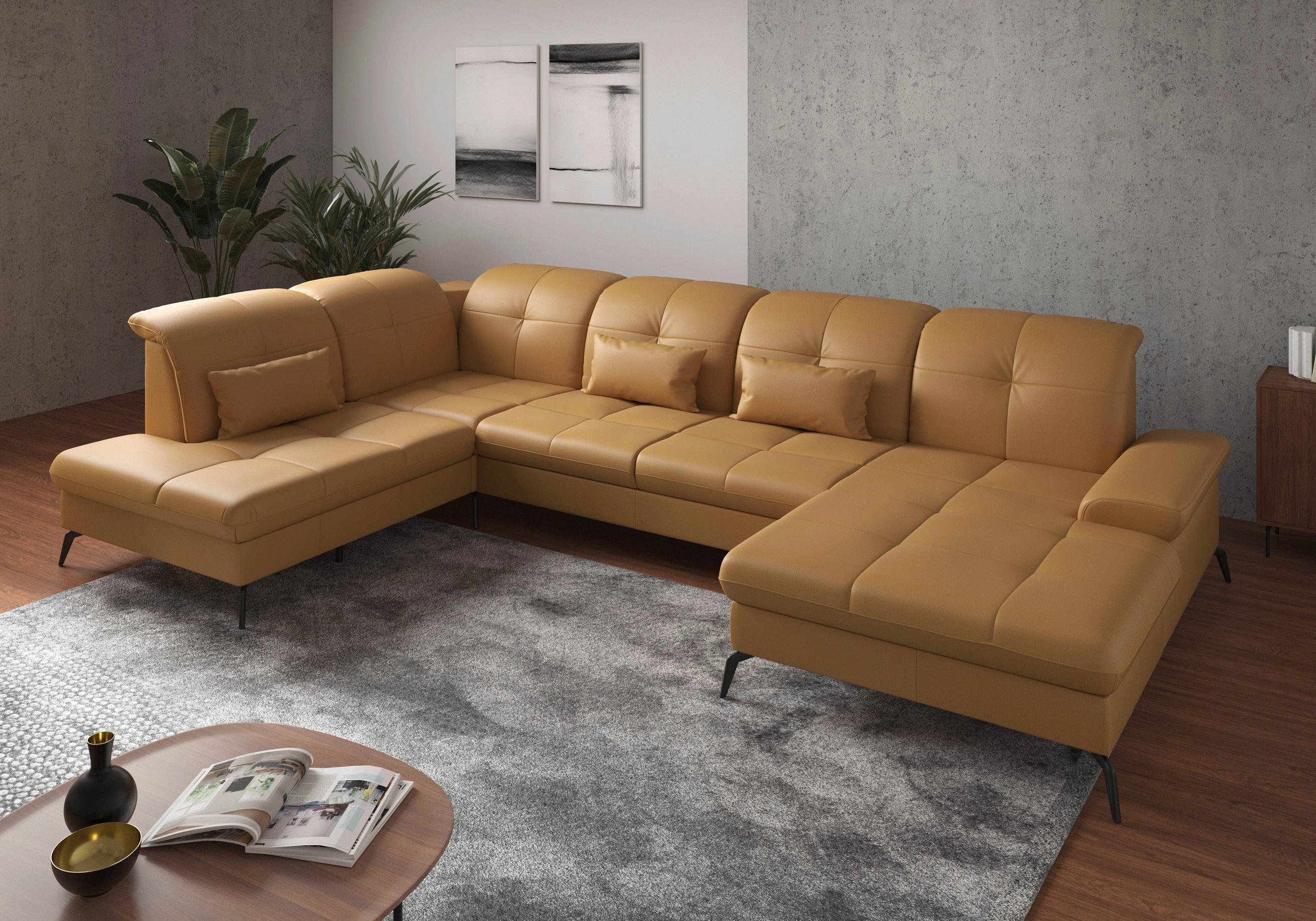 WOHNLANDSCHAFT Currygelb Echtleder  - Currygelb/Schwarz, KONVENTIONELL, Leder/Metall (231/357/185cm) - Sit & More