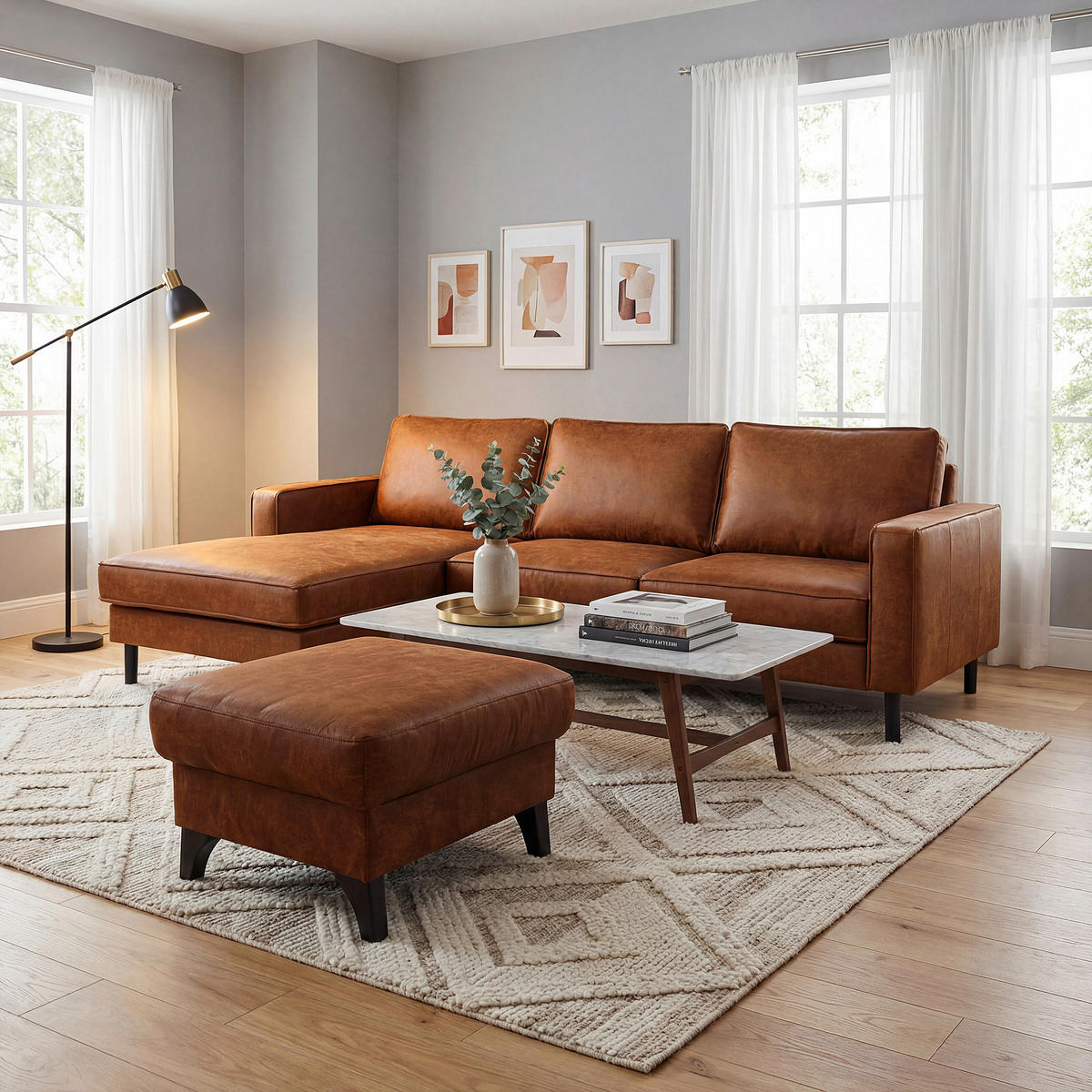 ECKSOFA Cognac Echtleder Lederlook Bettkasten, Schlaffunktion, Rücken echt  - Cognac/Schwarz, Design, Leder/Textil (166/238cm) - Livetastic