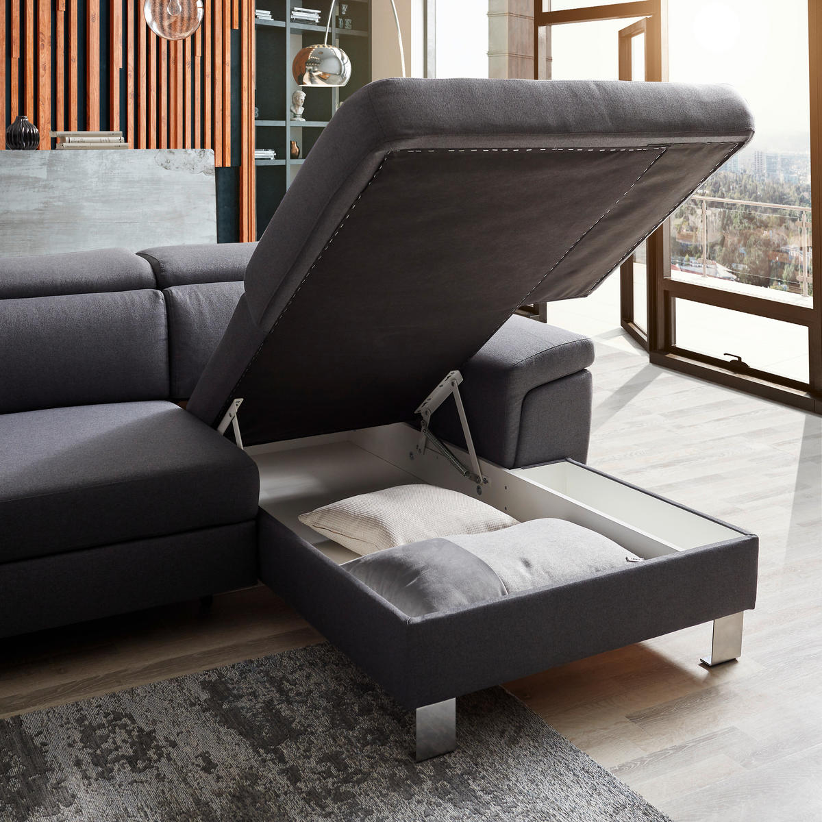 ECKSOFA inkl.Funktionen Grau Webstoff  - Silberfarben/Grau, Design, Textil/Metall (250/167cm) - Xora