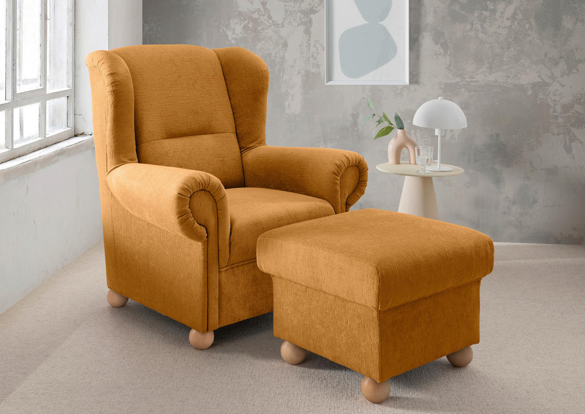FAUTEUIL À OREILLES in Mikrofaser Goldfarben  - chêne sauvage/doré, Konventionell, textile/bois (92/102/89cm) - Livetastic