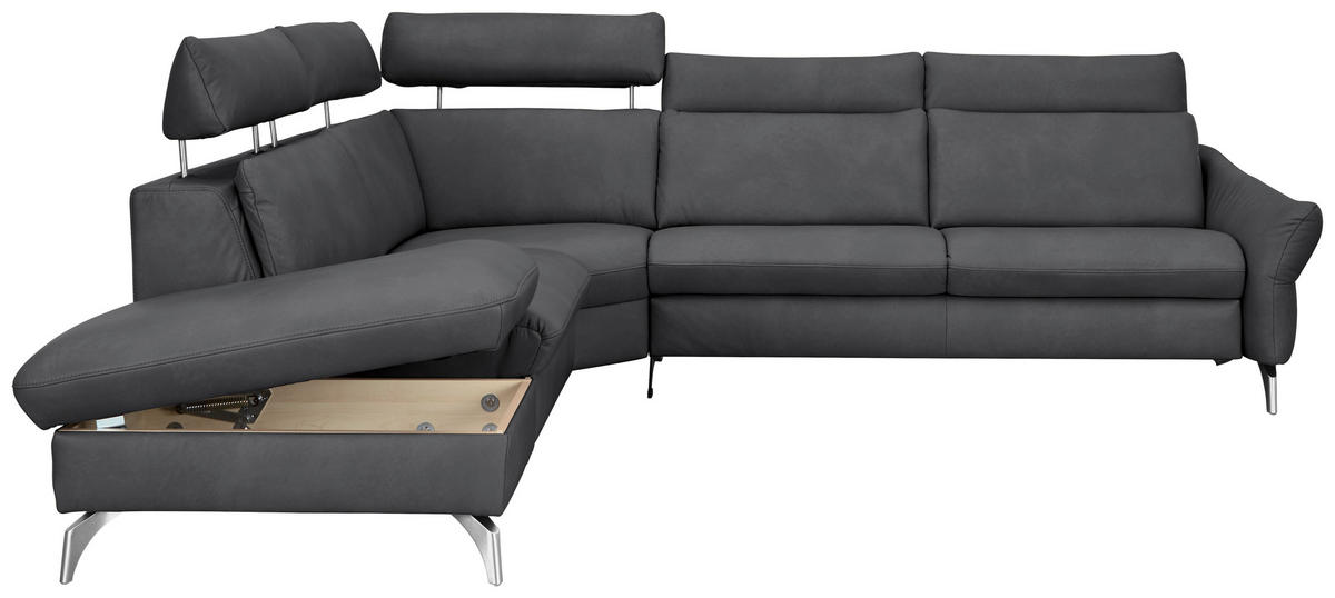 ECKSOFA in Echtleder Dunkelgrau  - Edelstahlfarben/Dunkelgrau, Konventionell, Leder/Metall (242/296cm) - Himolla Komfortklass