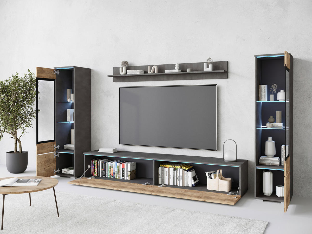 WOHNWAND Vera 4-teilig  in Anthrazit, Kastanieneichefarben  240/130/33 cm  - Kastanieneichefarben/Anthrazit, Trend, Glas/Holzwerkstoff (240/130/33cm)
