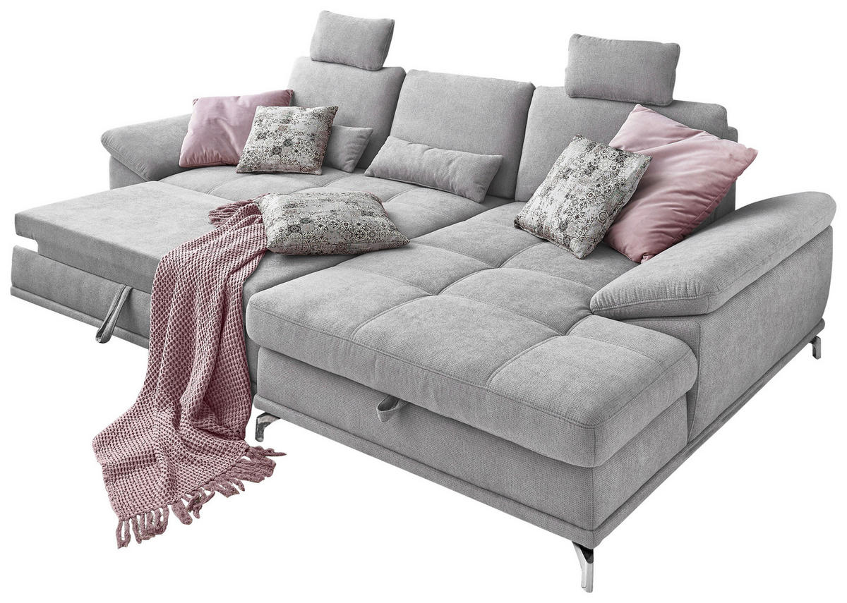 ECKSOFA Silberfarben Flachgewebe Bettkasten, Schlaffunktion, Sitztiefenverstellung, Kopfstütze, Liegefläche im Originalstoff  - Silberfarben, KONVENTIONELL, Textil/Metall (301/176cm) - Sit & More