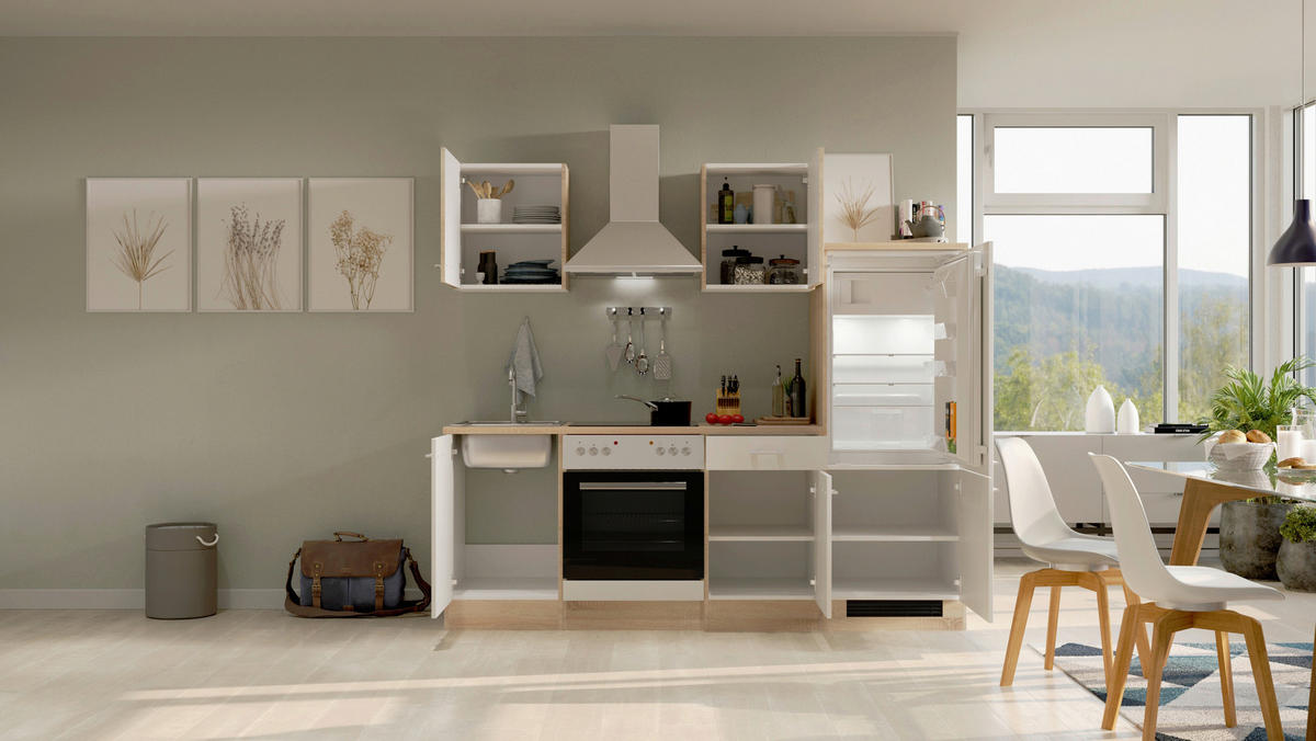 KÜCHENBLOCK 220 cm   in Weiß, Sonoma Eiche  - Alufarben/Weiß, MODERN, Holzwerkstoff/Kunststoff (220cm) - FlexWell