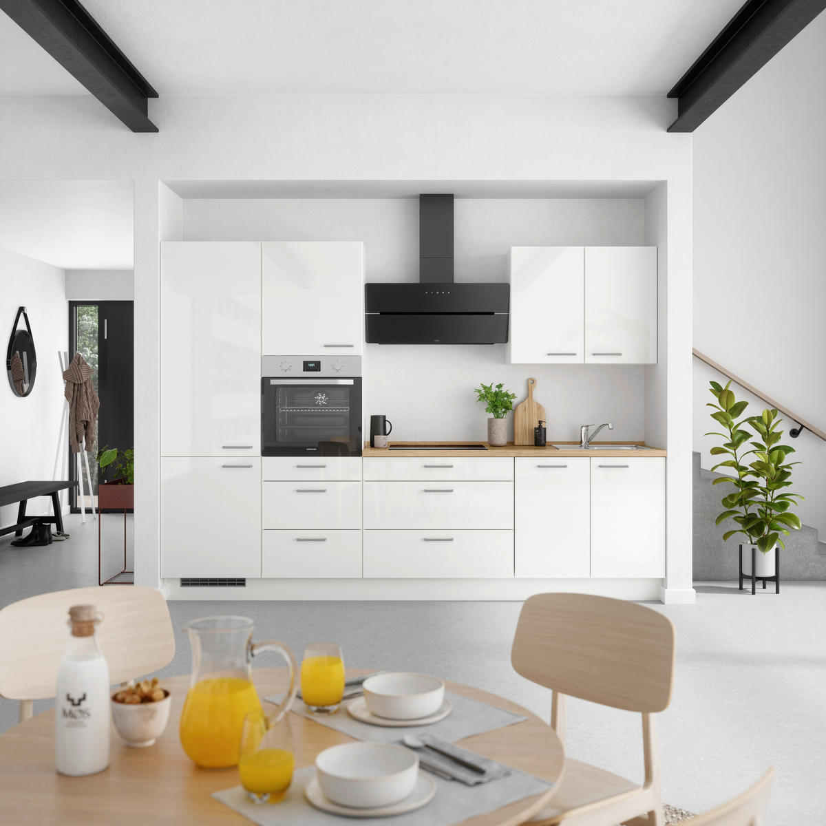 KÜCHENLEERBLOCK 300 cm   in Eichefarben, Weiß Hochglanz  - Edelstahlfarben/Eichefarben, MODERN, Holzwerkstoff/Metall (300cm) - Nobilia