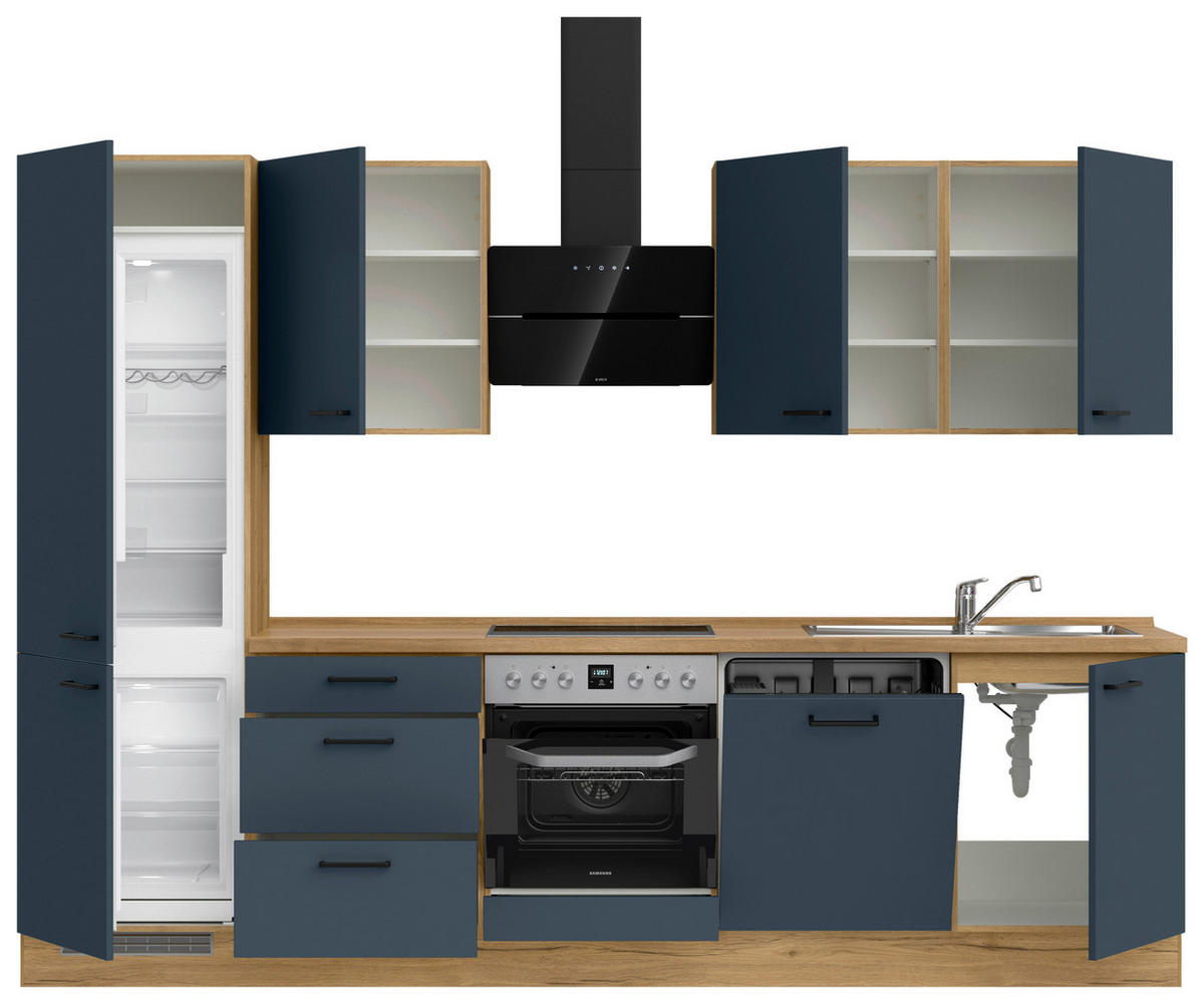 KÜCHENBLOCK Easytouch 300 cm  in Eichefarben, Dunkelblau  - Eichefarben/Schwarz, MODERN, Holzwerkstoff/Metall (300cm) - Nobilia