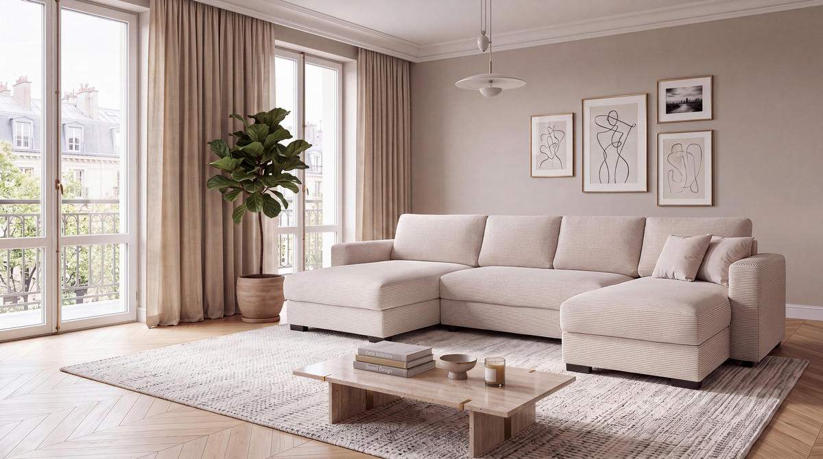 WOHNLANDSCHAFT CHARLES in Cord Creme  - Creme/Schwarz, Design, Holz/Textil (184/354/184cm) - Stylife
