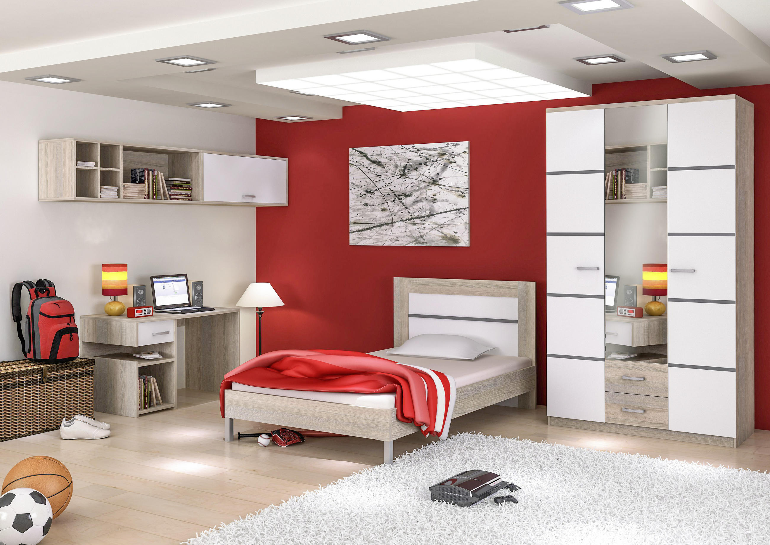 MLADINSKA SOBA bela, hrast sonoma  - bela/hrast sonoma, Design, steklo/leseni material (360/218/60cm) - Boxxx