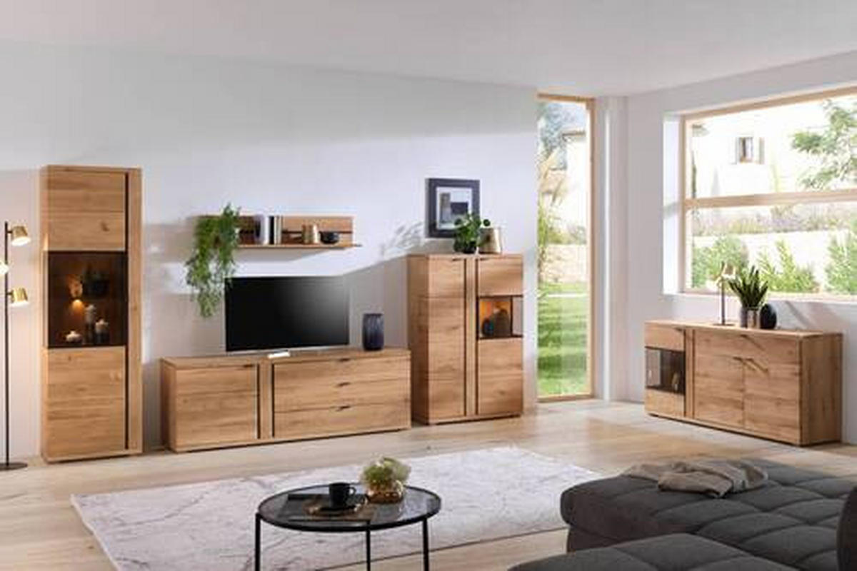 WOHNWAND  in Schwarz, Eichefarben 360/195,5/46.5 cm  - Eichefarben/Anthrazit, Natur, Glas/Holz (360/195,5/46.5cm) - Linea Natura