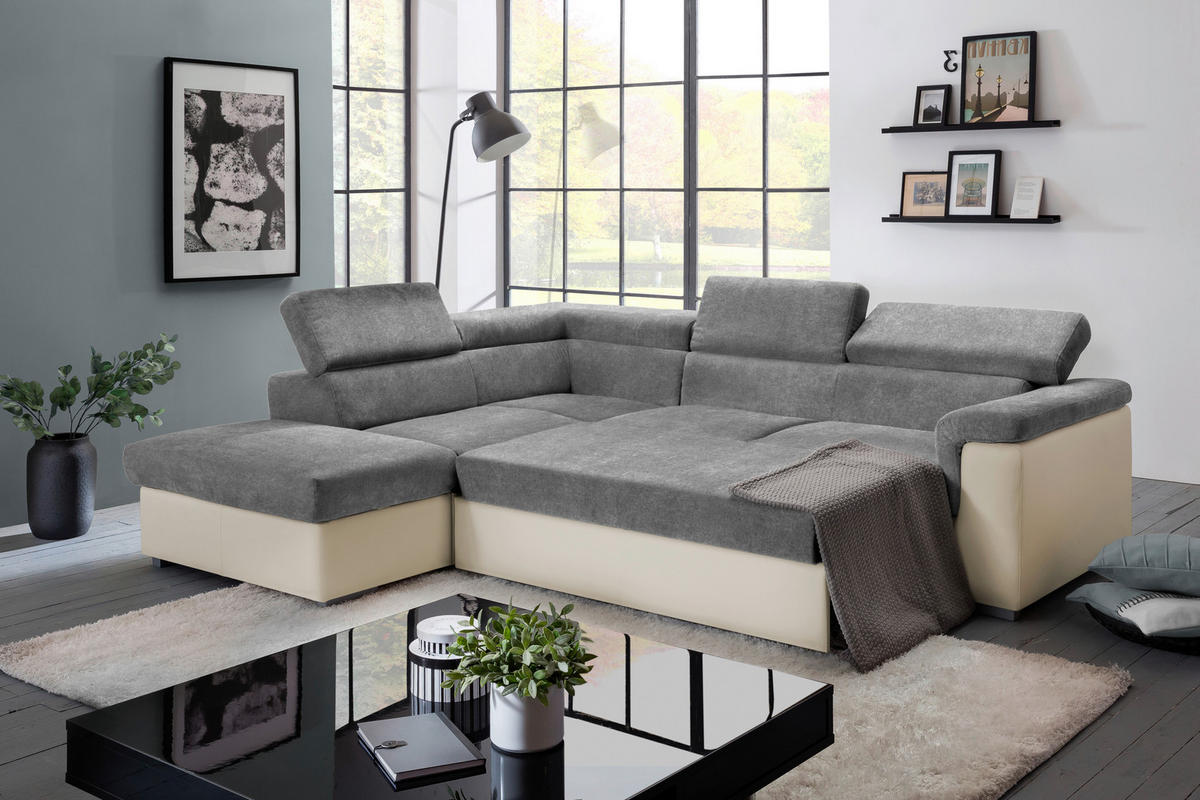 ECKSOFA Anthrazit, Braun Lederlook, Flachgewebe  - Anthrazit/Braun, Basics, Holz/Textil (217/252cm) - MID.YOU